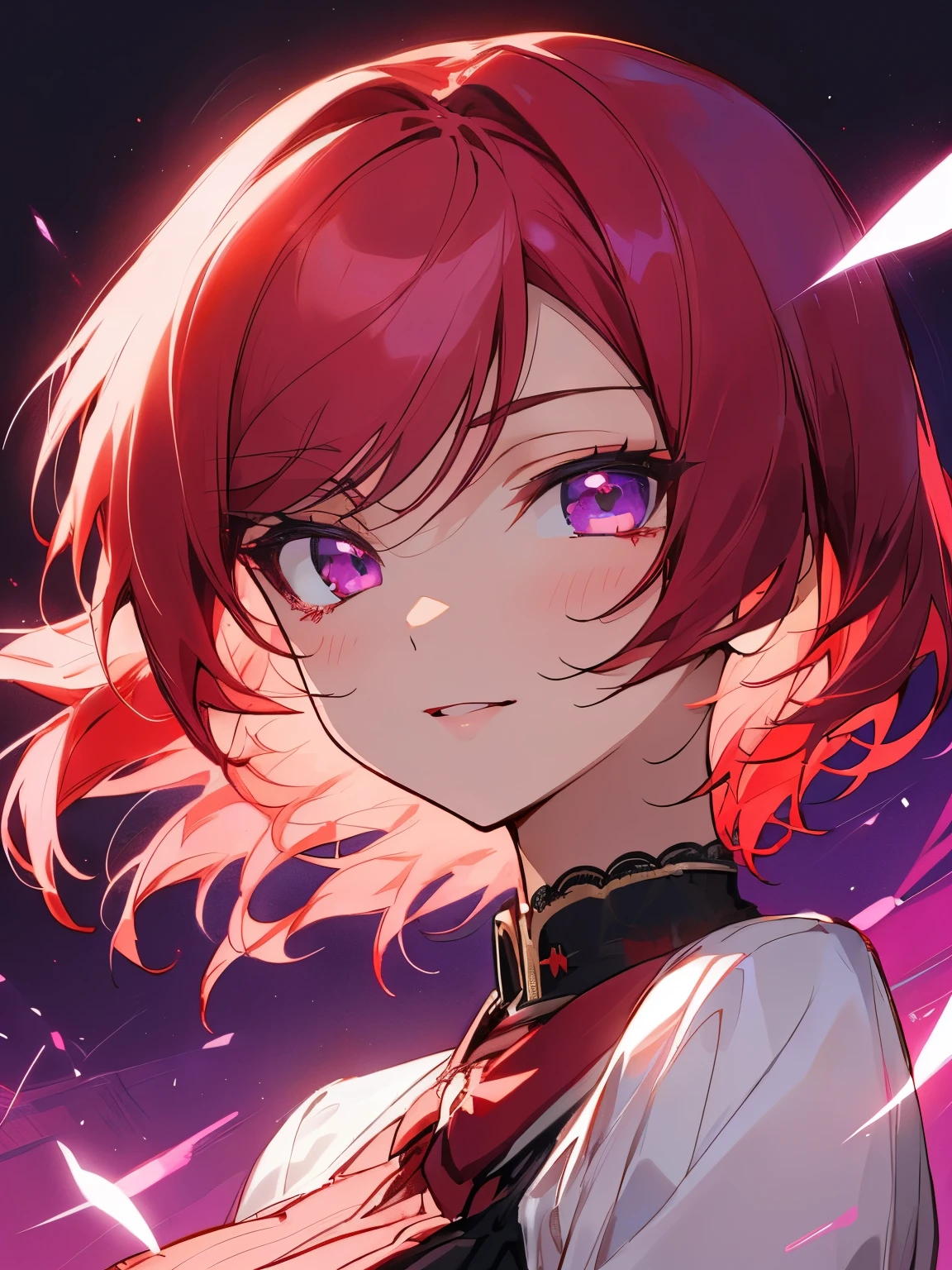 maki nishikino  from Love Live school idol project, purple eyes, beautiful face,detailed eyes, clarity eyes, short haircut , red hair, little hair 