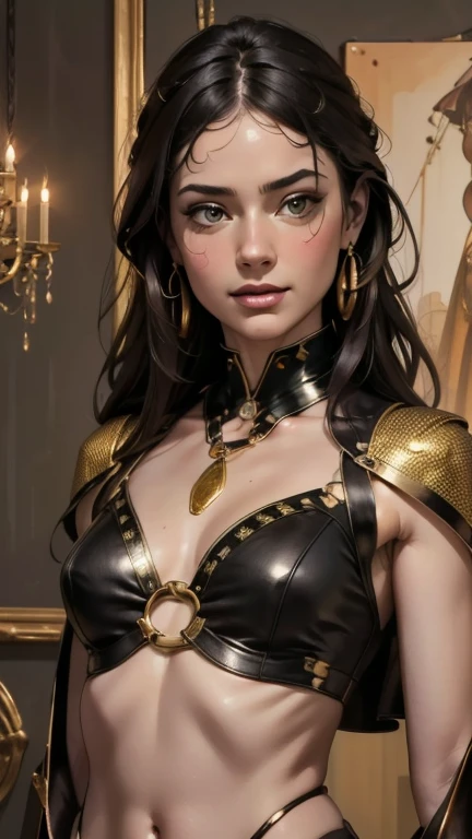 {{{highest quality}}}, {{Very detailed}}, {{Very delicate and beautiful}}, (highest quality, In 8K, 32k, )、realistic oil painting 、A costume made from string, metal rings and small pieces of leather.