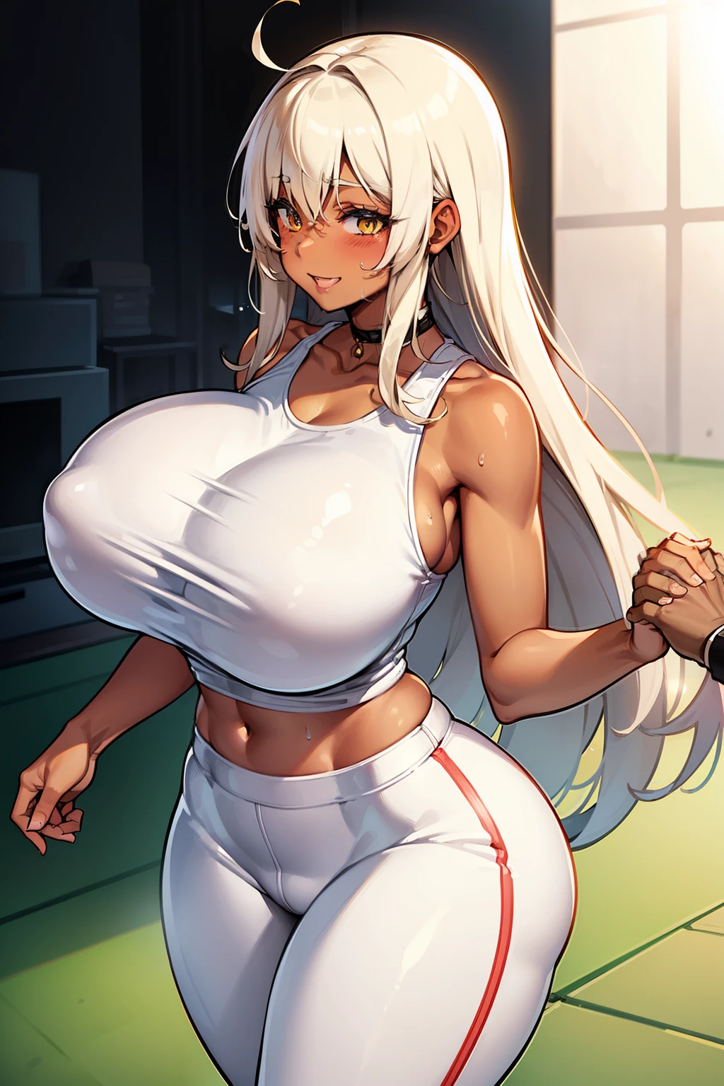 gym, workout, hot, sweating, sweaty, white clothes , white yogapants, tan, big , tan skin, Best quality, massive breasts, massive ass, very curvy, dark brown skin, long blond hair, yellow eyes, slutty, gyaru, full lips, seductive, smiling, gym, white clothes, yoga pants, gym, massive breasts, wide hips, darkskin, tan, white clothes , coach helpinh her up, coach reaching out hand,curvy woman, reaching out hand, grabbing hand, holding hands, in pain, curvy woman, holding hands , white clothing, white yogapants, sfw, white pants, white clothes, white yogapants, holding hands, hand holding