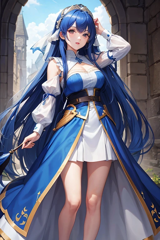 Long-haired girl in a blue medieval dress