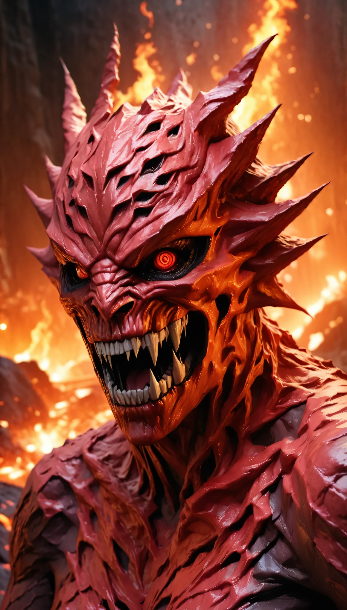 lava demon,demonic figure,lava body,flames swirling,lava river,volcanic background,dark color palette,horror atmosphere,(best quality,4k,8k,highres,masterpiece:1.2),ultra-detailed,(realistic,photorealistic,photo-realistic:1.37),HDR,UHD,studio lighting,ultra-fine painting,sharp focus,physically-based rendering,extreme detail description,professional,vivid colors,bokeh,horror,landscape,fiery reds and dark blacks,sinister lighting.