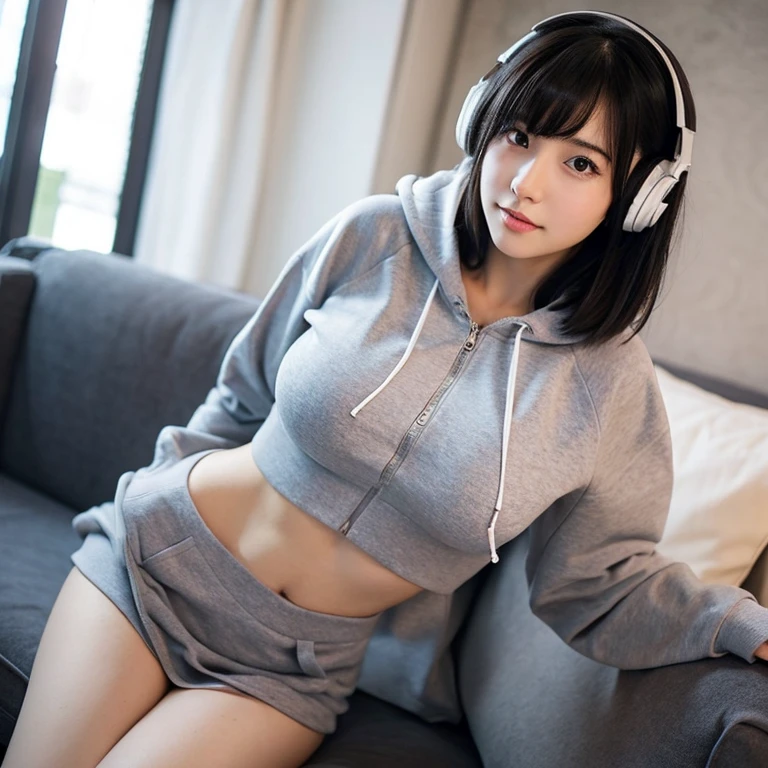 A girl with short black hair, about high , wearing headphones、Large Breasts、半袖Belly button短パン、Small moles on the side of the mouth、My hair is a little bouncy、highest quality、A masterpiece with a slightly sexy feel、In a room with revealing clothes、Legs up and open、Wet and see-through clothes、Wearing a grey hoodie、Belly button