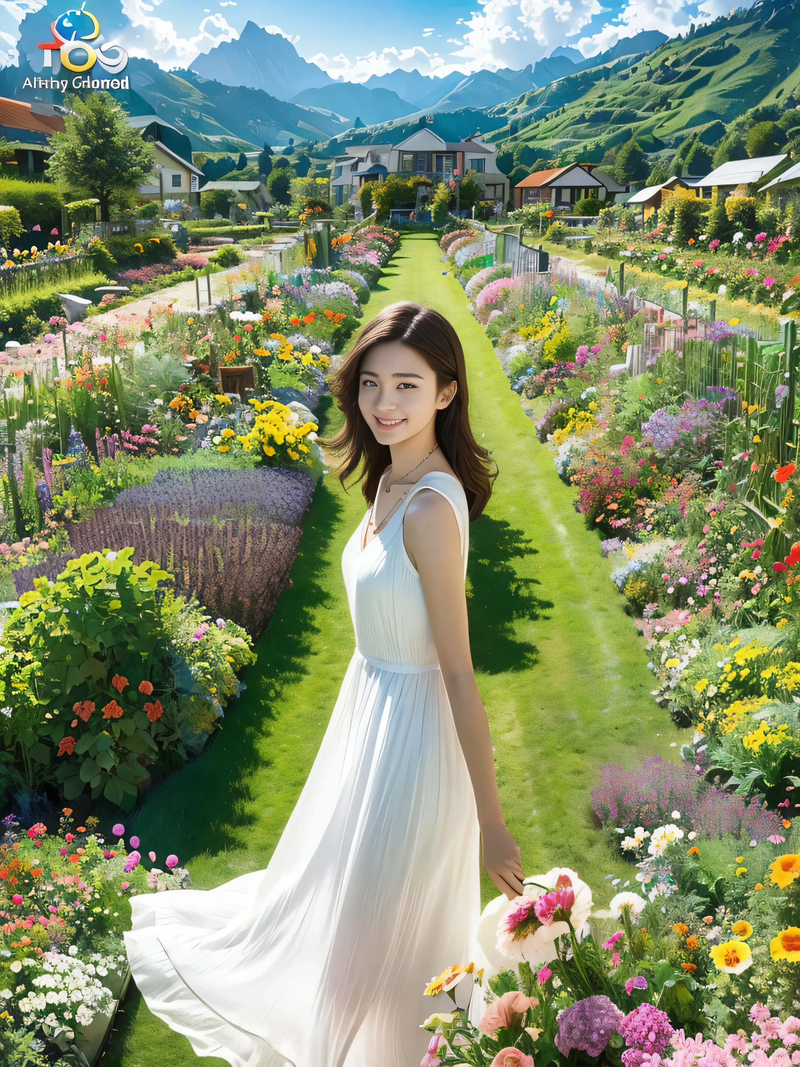 1 Girl, Dynamic Angle, Clouds and Mountains, (Flower Garden: 1.4) Foreground, White Dress, Light Tracing, (Floating Colorful Wind: 1) (Realistic: 1.4), Official Art, Unity 8k Wallpapers, Ultra Detail, Beautiful and Beautiful, Masterpiece, Best Quality, Glowing Skin, Movie Lighting, Light Smile, Necklace, Korean Women