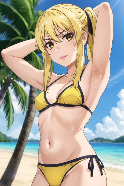 ((best quality)),((highly detailed)),masterpiece,absurdres,detailed face,beautiful face,(detailed eyes, deep eyes),1girl,((dynamic pose)), mary saotome, yellow hair, twintail hair,yellow eyes, solo, bow, small breasts, cowboy shot, beach, outdoors, seductive smile, looking at viewer, wearing yellow bikini, put your hands behind your head, armpits, armpits visible, sweaty armpits, 