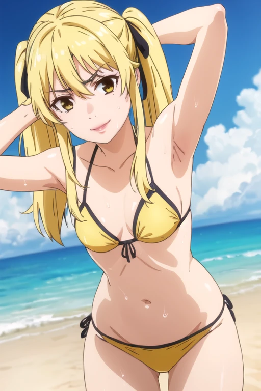 ((best quality)),((highly detailed)),masterpiece,absurdres,detailed face,beautiful face,(detailed eyes, deep eyes),1girl,((dynamic pose)), mary saotome, yellow hair, twintail hair,yellow eyes, solo, bow, small breasts, cowboy shot, beach, outdoors, seductive smile, looking at viewer, wearing yellow bikini, put your hands behind your head, armpits, armpits visible, sweaty armpits, 