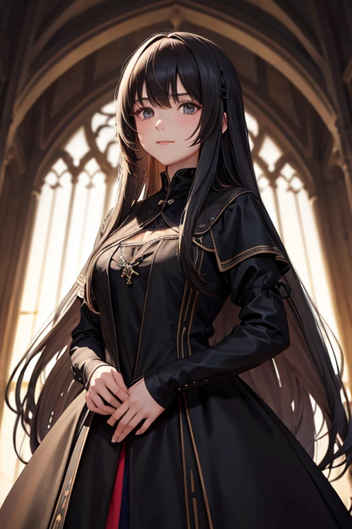 Long-haired girl in a medieval black dress