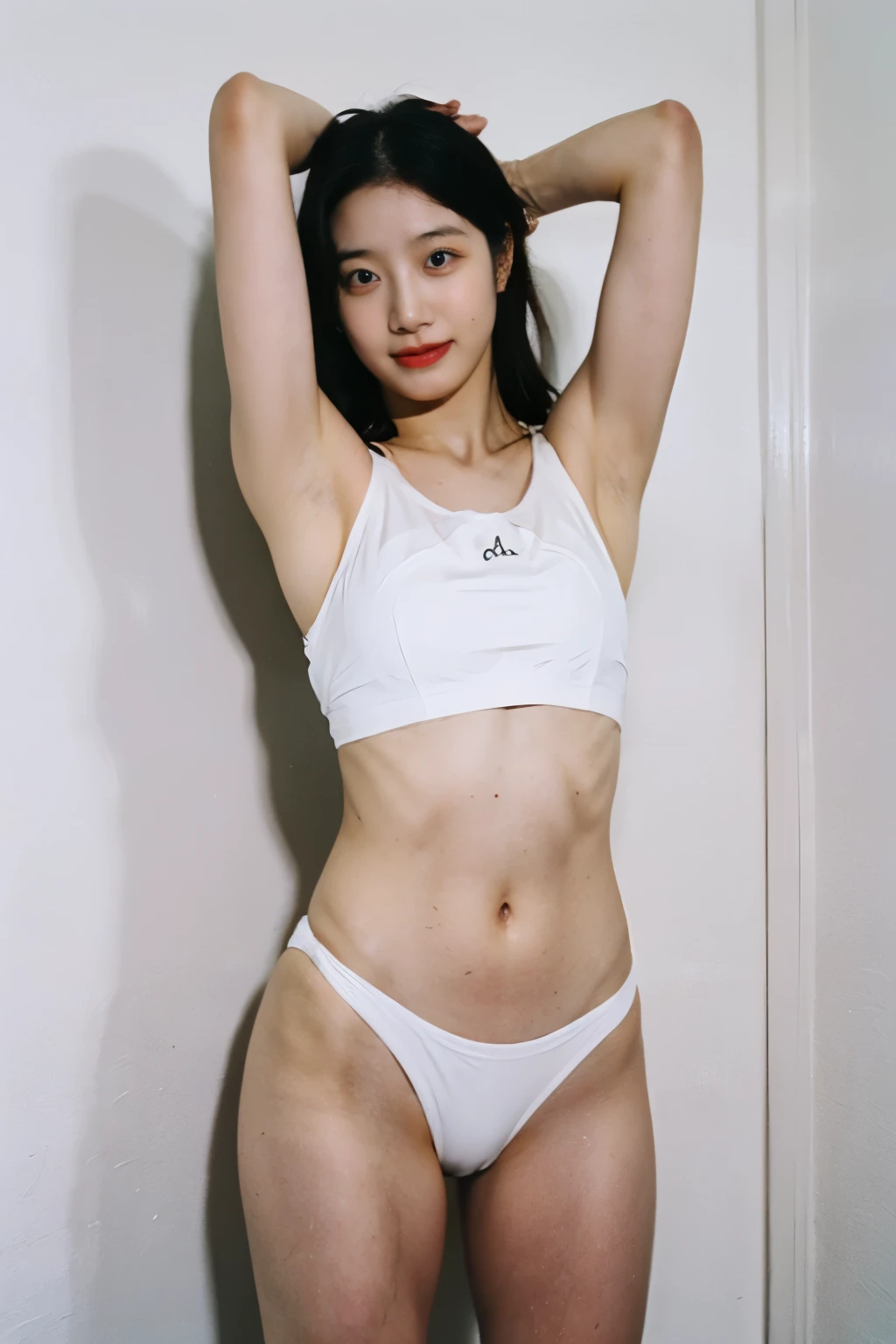 30 years old hong kong woman in white room, one piece swimsuit, try on haul, black straight hair, straight hair, instagram story photo, full body, showing off abs, show off armpits, detailed armpit, slim body