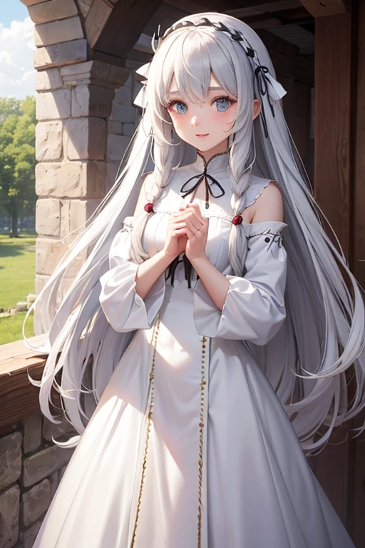 Long-haired girl in a white medieval dress