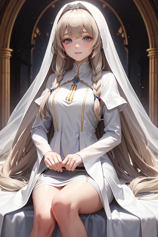 Long-haired girl in a white medieval dress