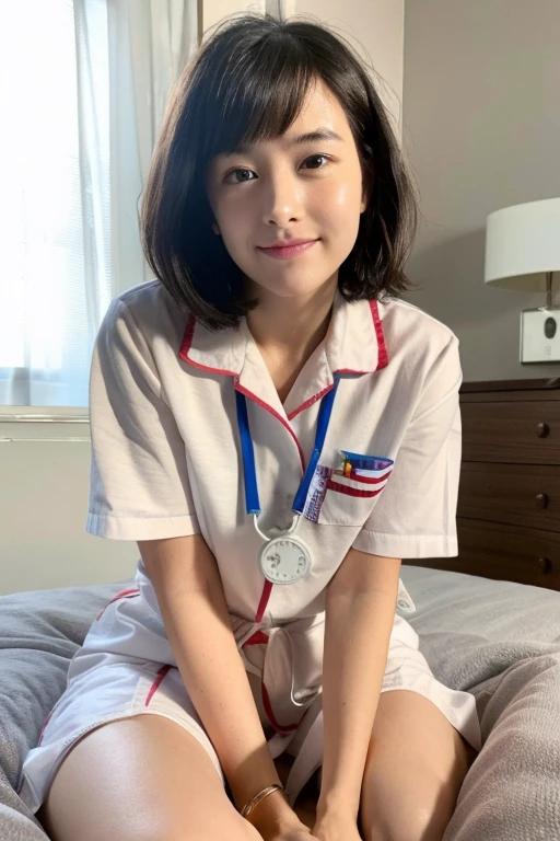 ((highest quality)), ((masterpiece)), (detailed), Perfect face pediatric ward nurse,Short Hair,whole body,Sitting on the bed