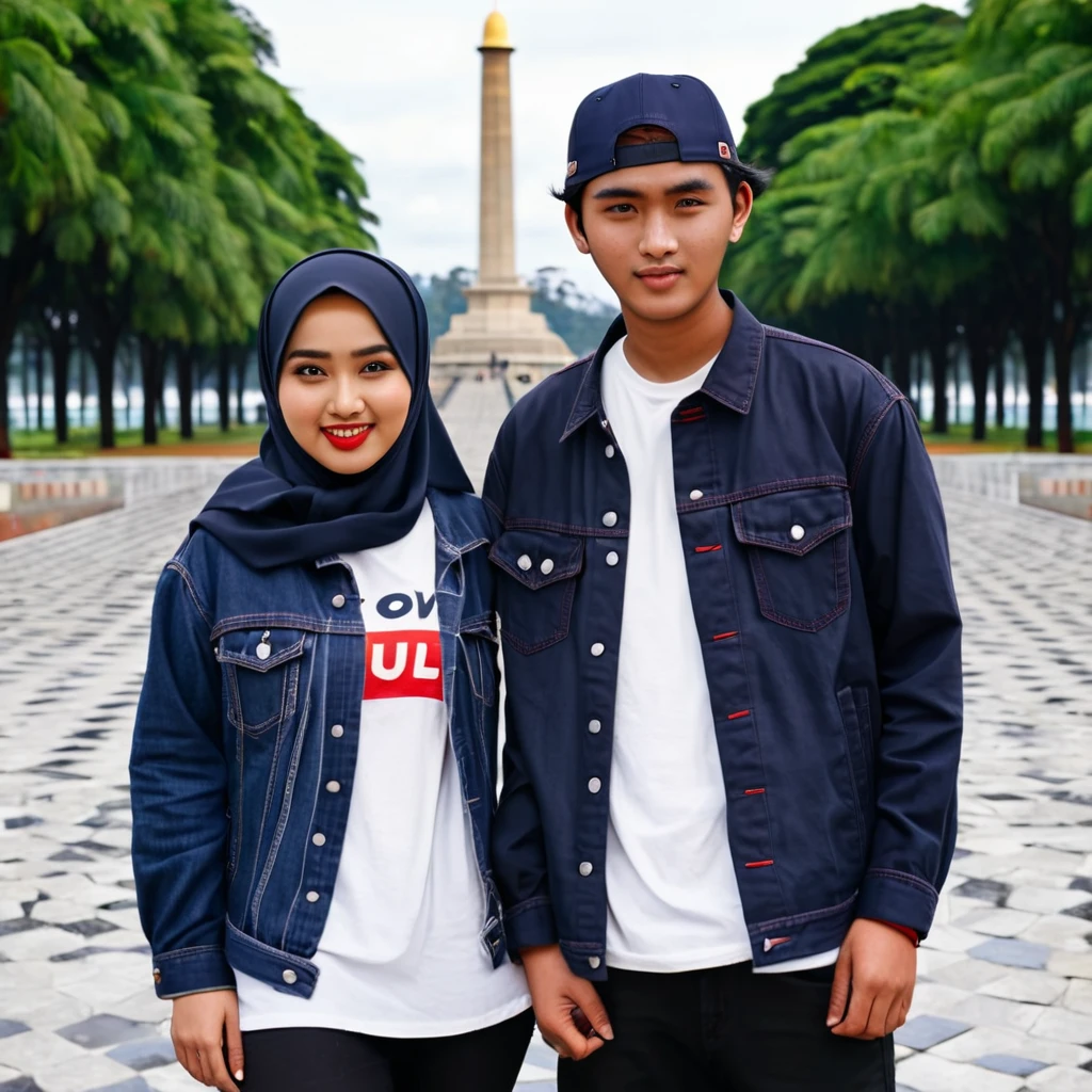 photo of a real Indonesian age couple, full body, clean face, neat hair, wearing a navy blue levis jacket, white t-shirt, wearing a black base ball cap, together with a lover with an oval face, a little fat, wearing a black hijab, long red checkered shirt , posing looking at the camera, stylish, National Monument background, Jakarta city. hyper realistic, UHD 8K.