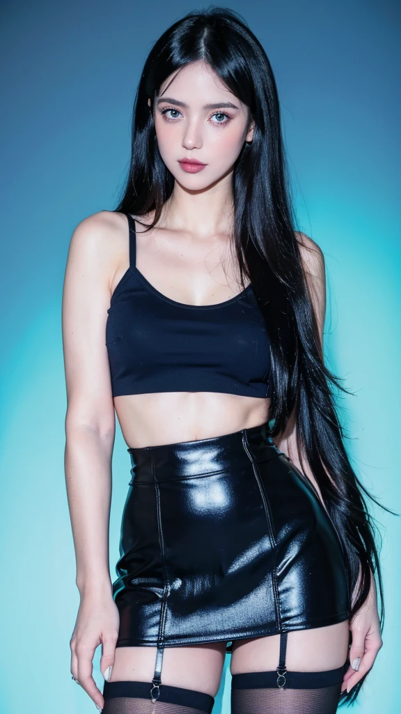 masterpiece, gothic aesthetic, dream atmosphere, ultra realistic, 16k, best quality, absurdres, perfect anatomy, 1girl, goth brunette, voluminous silky hair, cute hair fringe, goth makeup, realistic turquoise eyes (intense look). pale-white skin (highlighted), realistic shading, solo, Caera, realistic blue eyes, black t-shirt, small natural breasts, large hips, thick thighs, thick legs, black mini skirt, tights (realistic textures), pretty seductive, upper body, beautiful girl, happy, inside a (neon pastel lights) modern house, different poses at different angles, blurred background, cinematic, Photorealistic.