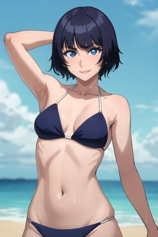 ((best quality)),((highly detailed)),masterpiece,absurdres,detailed face,beautiful face,(detailed eyes, deep eyes),1girl,((dynamic pose)), soifon, black hair, solo, bow, small breasts, cowboy shot, beach, outdoors, seductive smile, looking at viewer, wearing blue bikini, put your hands behind your head, armpits, armpits visible, sweaty armpits,