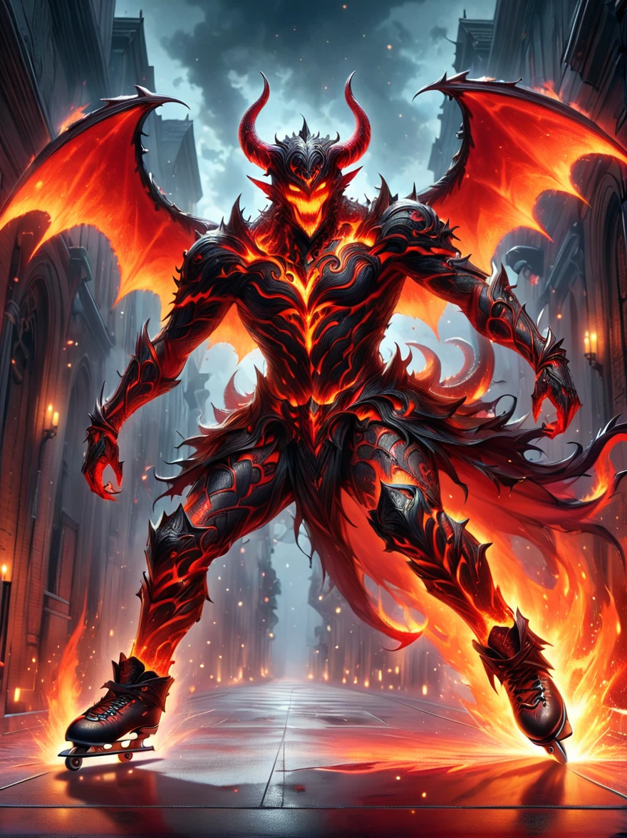 (1 demon whose body is made of lava:1.5),The lava demon figure skates skillfully on skates,The fiery red eyes sparkle with mischief,Casts eerie shadows in dimly lit environments,The demon has ferocious horns and crimson lava-covered skin.,Showing unexpected grace while skating,Swirling tendrils of smoke leave behind them,Adding an element of speed and movement to this surreal scene,The atmosphere contrasts the dark presence of the demons with the playful roller skating scenes in an imaginative way