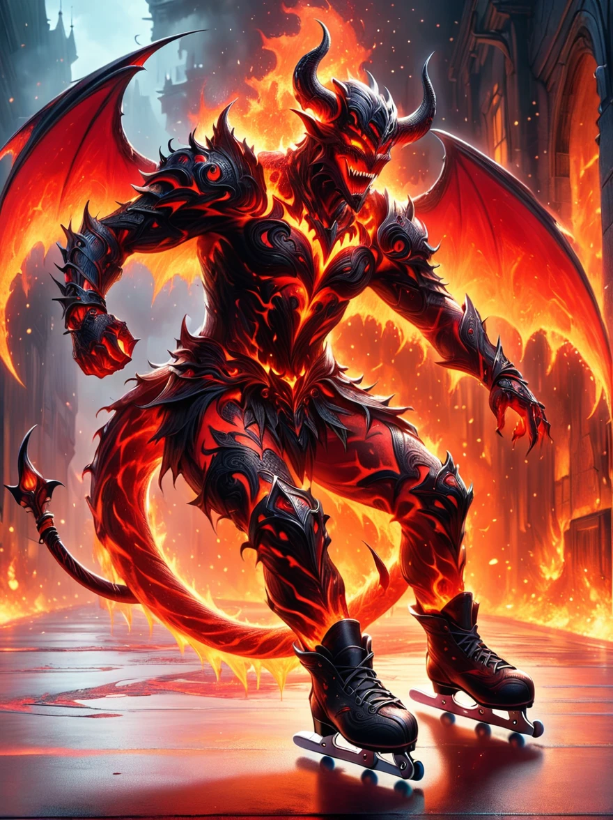 (1 demon whose body is made of lava:1.5)，The lava demon figure skates skillfully on skates，The fiery red eyes sparkle with mischief，Casts eerie shadows in dimly lit environments，The demon has ferocious horns and crimson lava-covered skin.，Showing unexpected grace while skating，Swirling tendrils of smoke leave behind them，Adding an element of speed and movement to this surreal scene，The atmosphere contrasts the dark presence of the demons with the playful roller skating scenes in an imaginative way