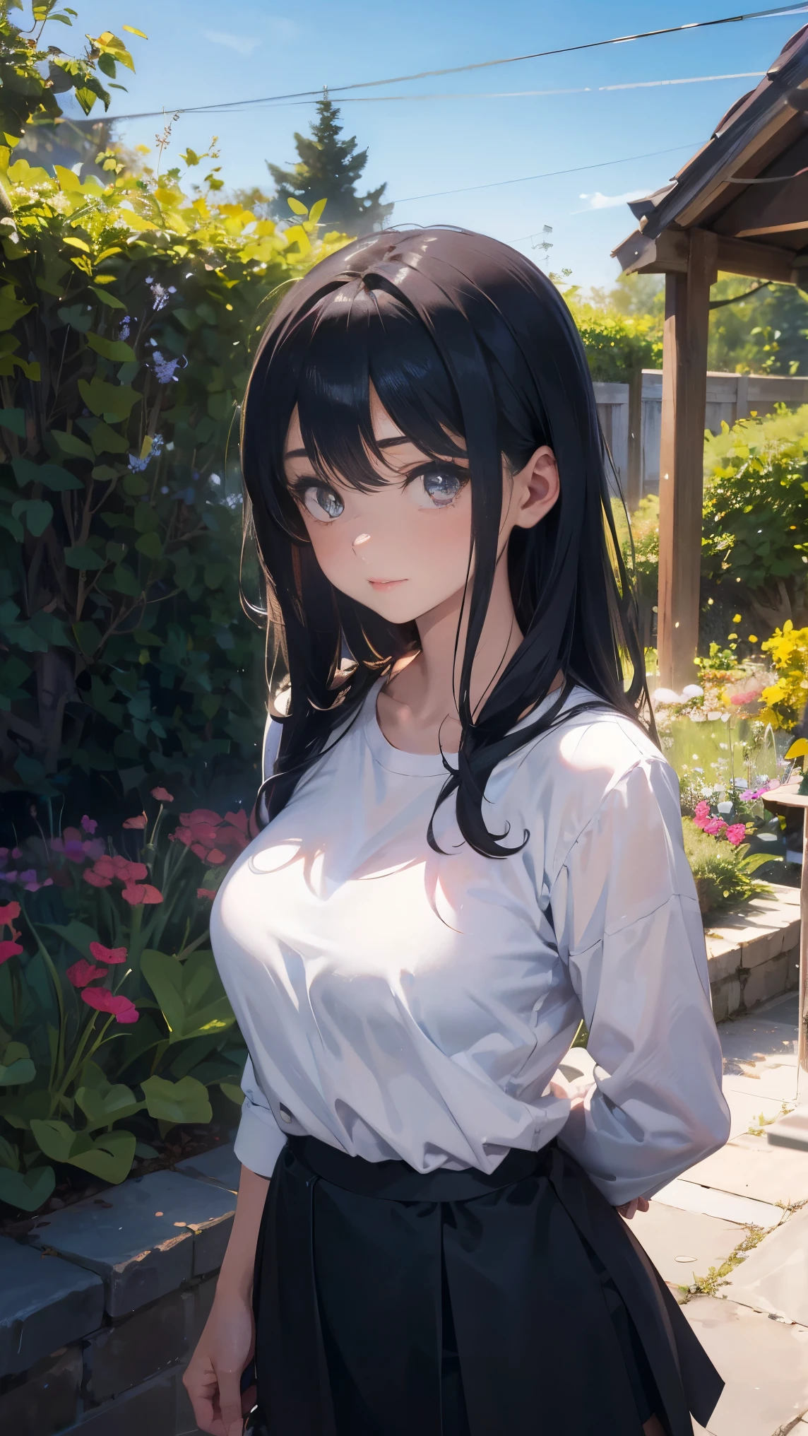 illustration:A girl,25 years old,Wear a white shirt,Black hip skirt,Black hair、Shy girl,Look at the camera,Big breasts,Adult female,You can see her whole body,In the Garden