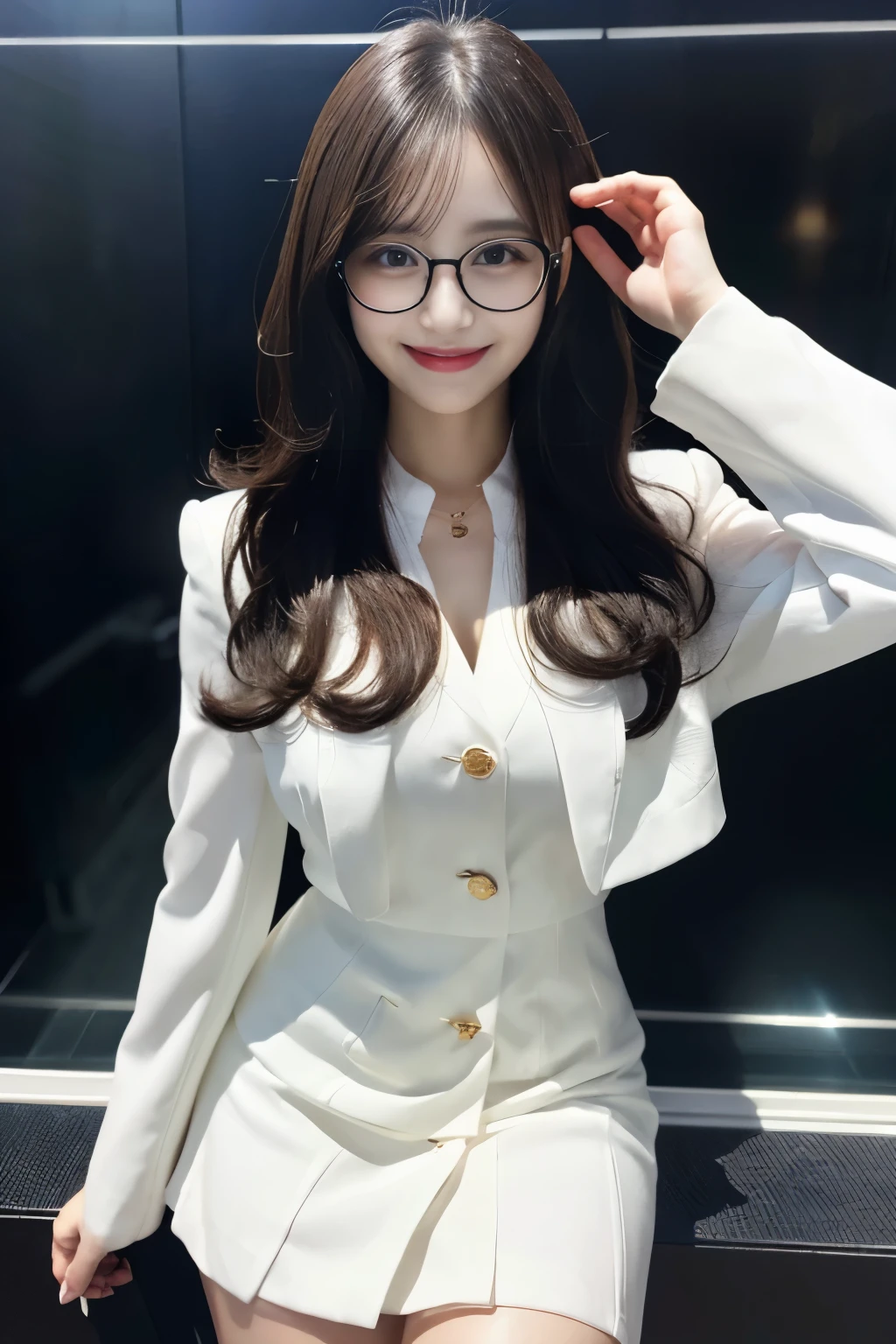 High resolution,masterpiece、high quality、Delicate、 Long black hair, Curly Hair、fine grain,White mini skirt suit,Woman wearing glasses,Transparent background,Smiling、