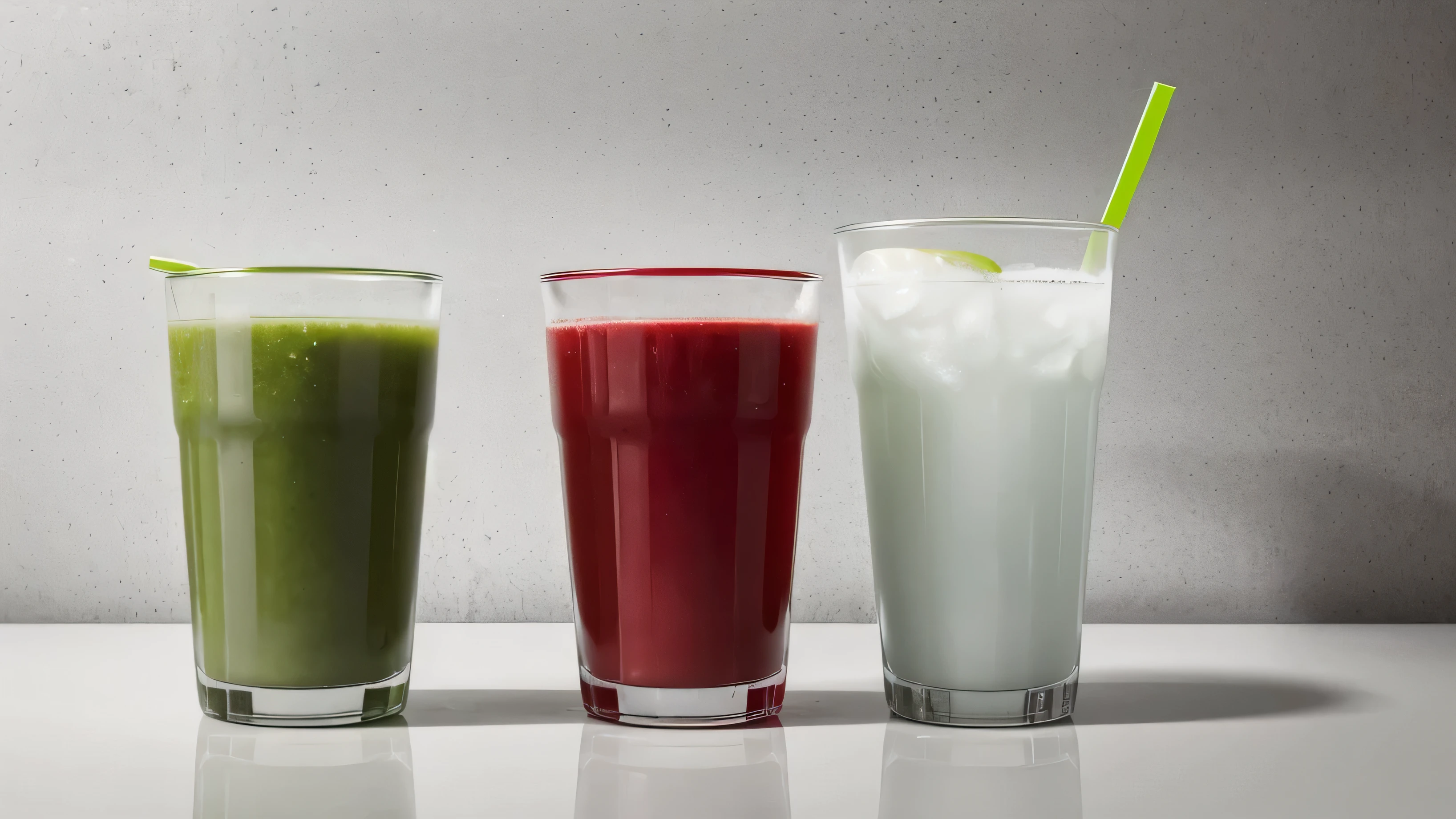 2 drinks,Contains 1 cup of pure green juice and 1 cup of pure red juice, HD. photography,Shot at a 45-degree angle,Simple glass,Glass has no texture,There is white space above and below,Products,publicity,Food photography,Simple gray and white solid color background wall,Background without clutter and decoration