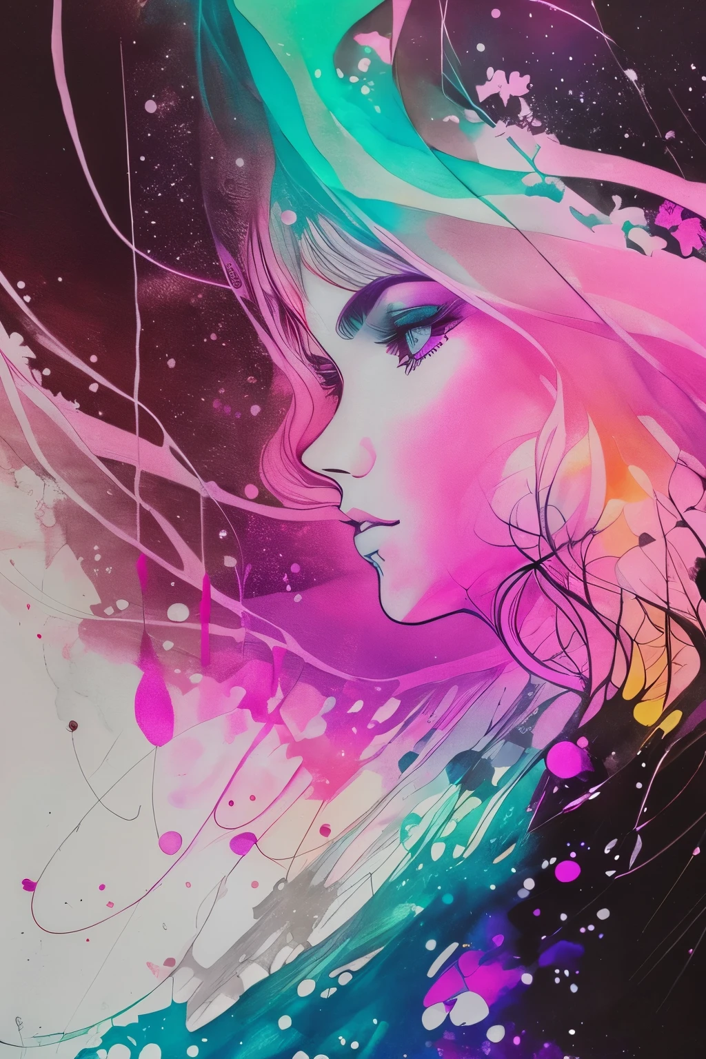 a woman, luminous design, pastel colours, ink drips, autumn lights