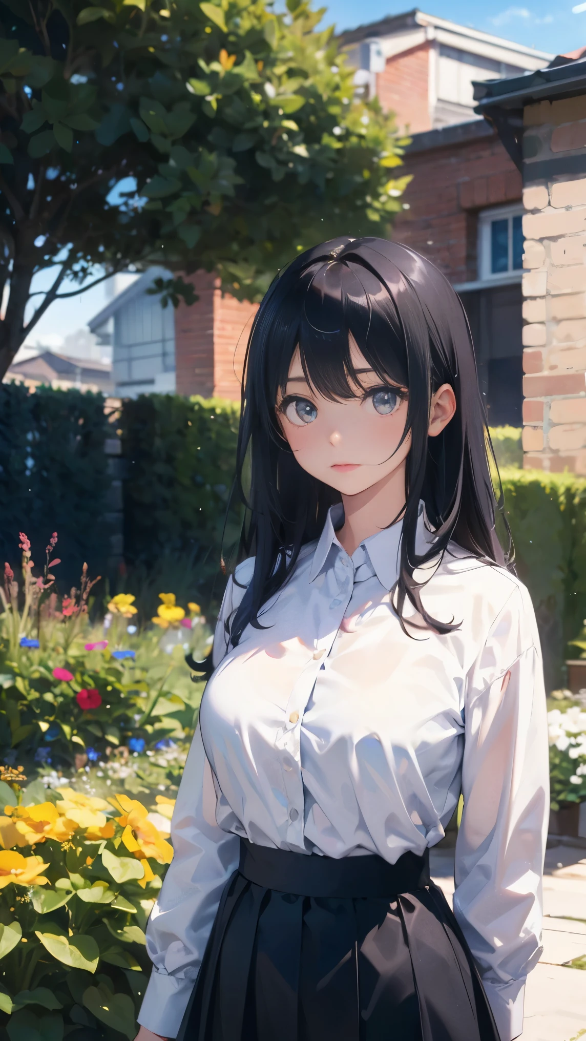 illustration：A girl，25 years old，Wear a white shirt，Black hip skirt，Black hair、Shy girl，Look at the camera，Big breasts，Adult female，You can see her whole body，In the Garden