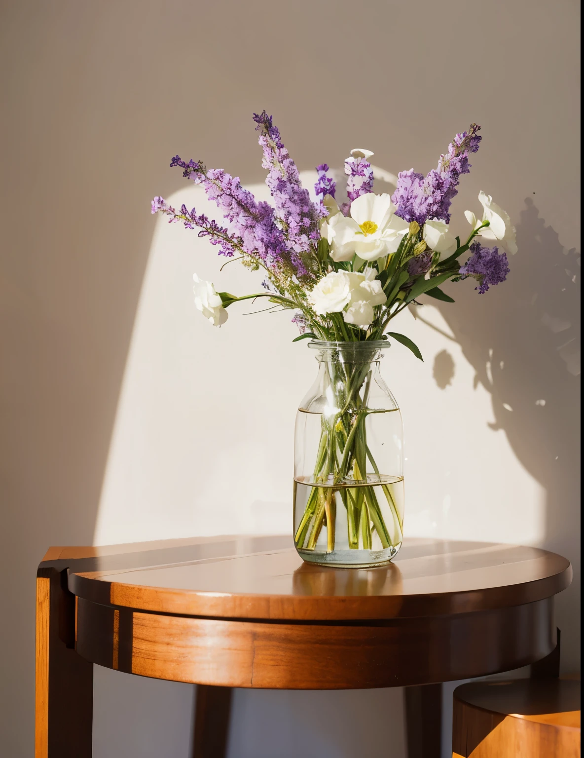 On the table，Standing vase，White and purple small flowers，There is a flower scattered next to the flower