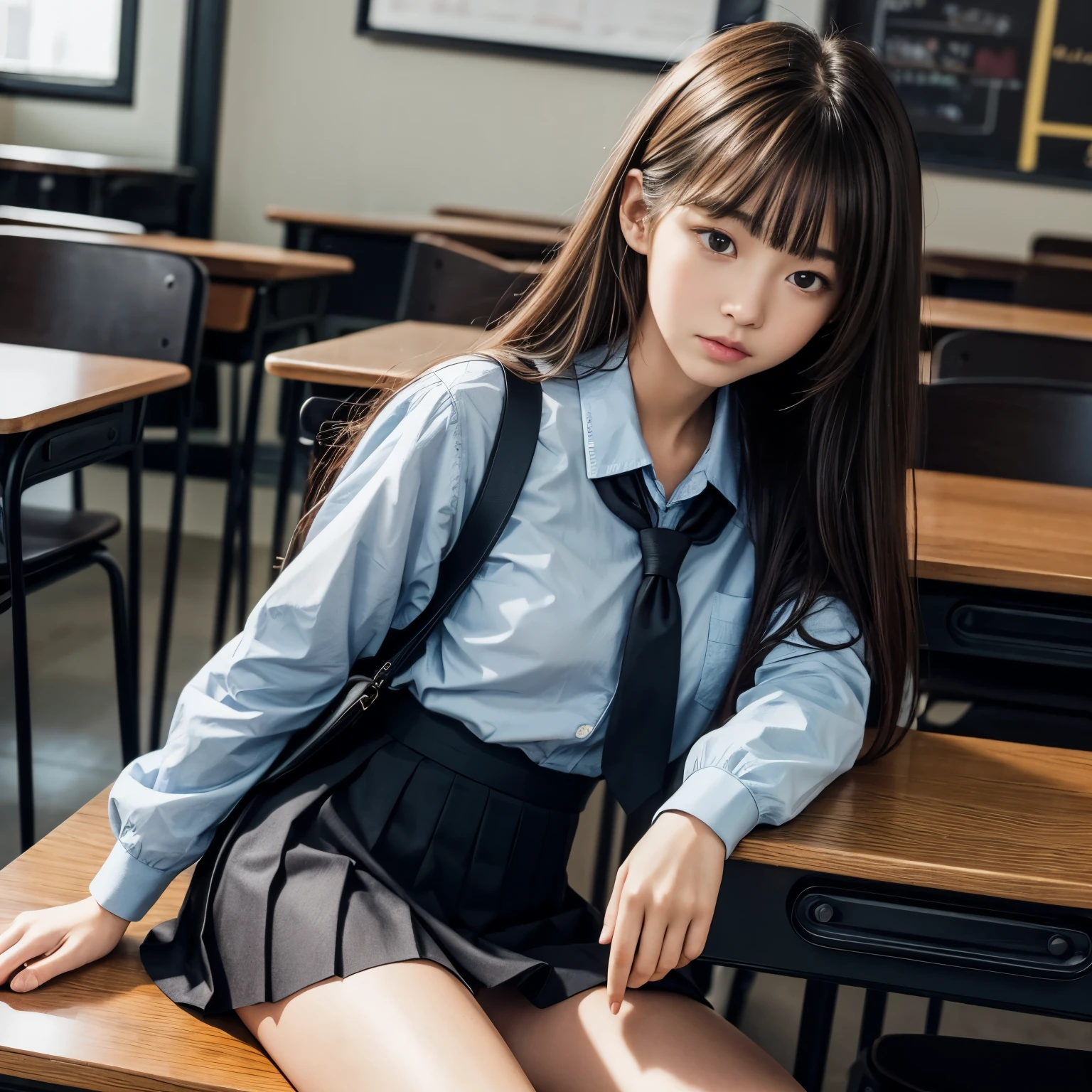 ((masterpiece, best quality)),best aesthetic,1girl, , desk, sitting, school desk, brown hair, classroom, long hair, indoors, chair, looking at viewer, :p, solo focus, brown eyes, skirt, long sleeves, pencil, 1 boy, pencil case, paper, black serafuku, pleated skirt, sailor collar, bangs, headrest, school bag, school chair