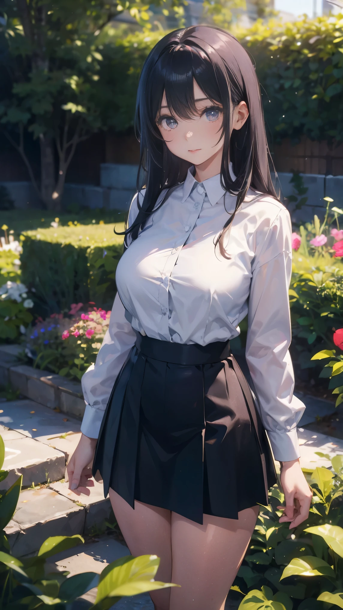 illustration:A girl,25 years old,Wear a white shirt,Black hip skirt,Black hair、Shy girl,Look at the camera,Big breasts,Adult female,You can see her whole body,In the Garden