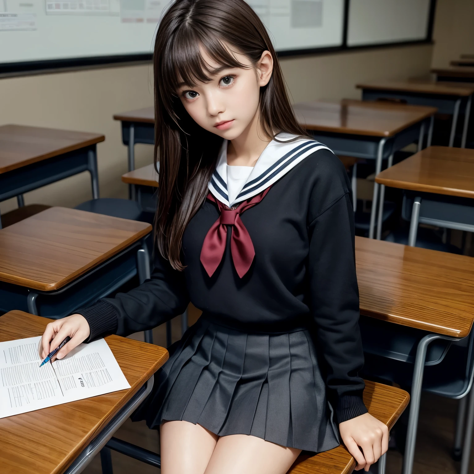 ((masterpiece, best quality)),best aesthetic,1girl, , desk, sitting, school desk, brown hair, classroom, long hair, indoors, chair, looking at viewer, :p, solo focus, brown eyes, skirt, long sleeves, pencil, 1 boy, pencil case, paper, black serafuku, pleated skirt, sailor collar, bangs, headrest, school bag, school chair