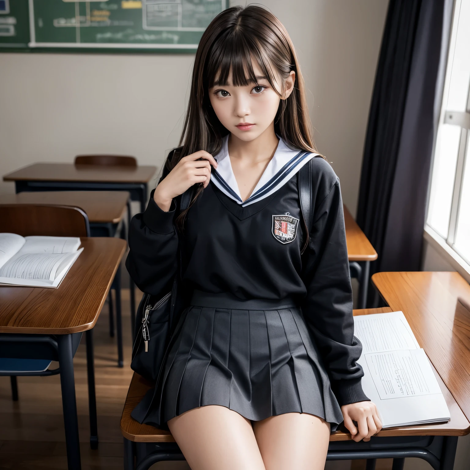 ((masterpiece, best quality)),best aesthetic,1girl, , desk, sitting, school desk, brown hair, classroom, long hair, indoors, chair, looking at viewer, :p, solo focus, brown eyes, skirt, long sleeves, pencil, 1 boy, pencil case, paper, black serafuku, pleated skirt, sailor collar, bangs, headrest, school bag, school chair