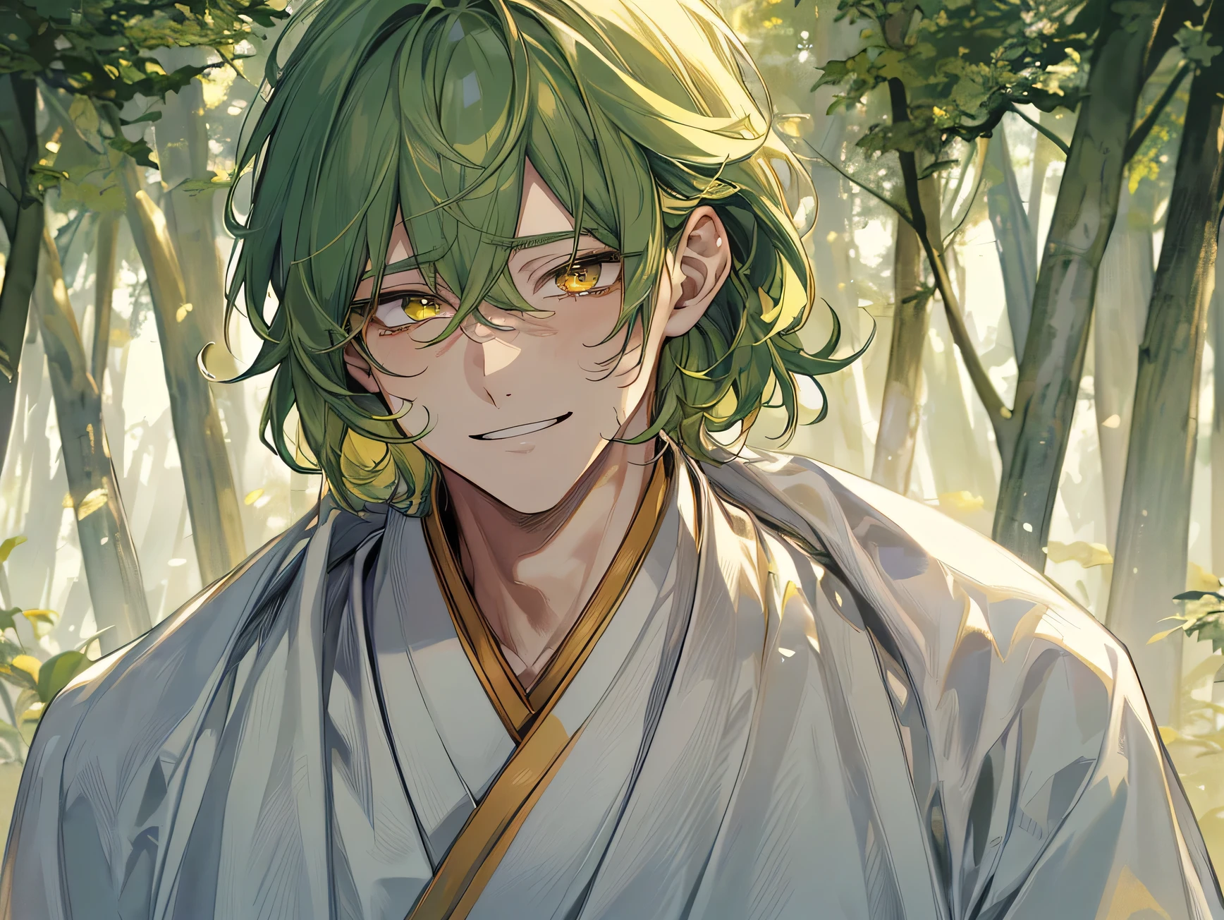 masterpiece,Face Focus,Face close-up,Dynamic Angle,Stop crying,Wipe away the tears,smile,Upper Body, ((masterpiece: 1.4, highest quality)), One Man, Yellow-green hair,Japan Priesthood, Golden Eyes,white and light blue hakama: 1.3), Background Fantastic forest