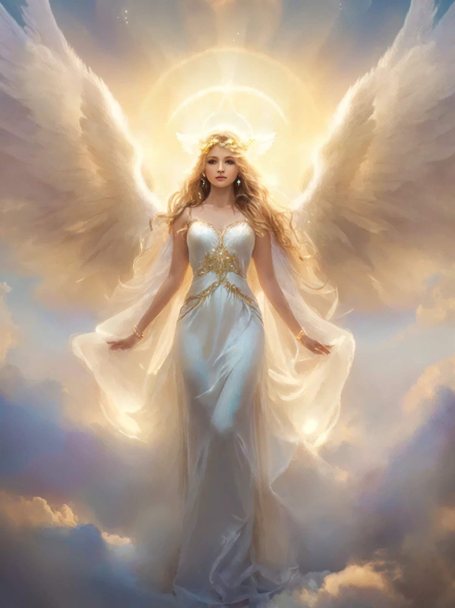 Angel with halo on a cloud, Looking up at the sky、 Beautiful angel, beautiful angel, An angel of light, Beautiful woman angel, majestic angel all over the body, Angel of the Dawn Light, Angel Light, Tall female angel, Lots of angel pictures, portrait of a Beautiful angel, A shining angelic presence, Angelic Spirit Guidance, angel protecting woman