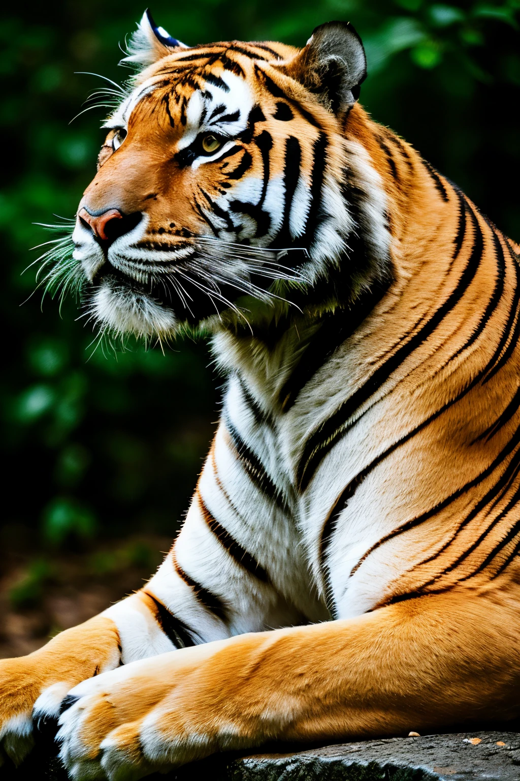 tiger, look at viewer, sitting with head up, majesty, medium shot, ultra-detailed eyes, intricate details, detailed texture, light source contrast, dramatic shadows, Cinematic Light, Depth of field, film grain, noise, dark background
