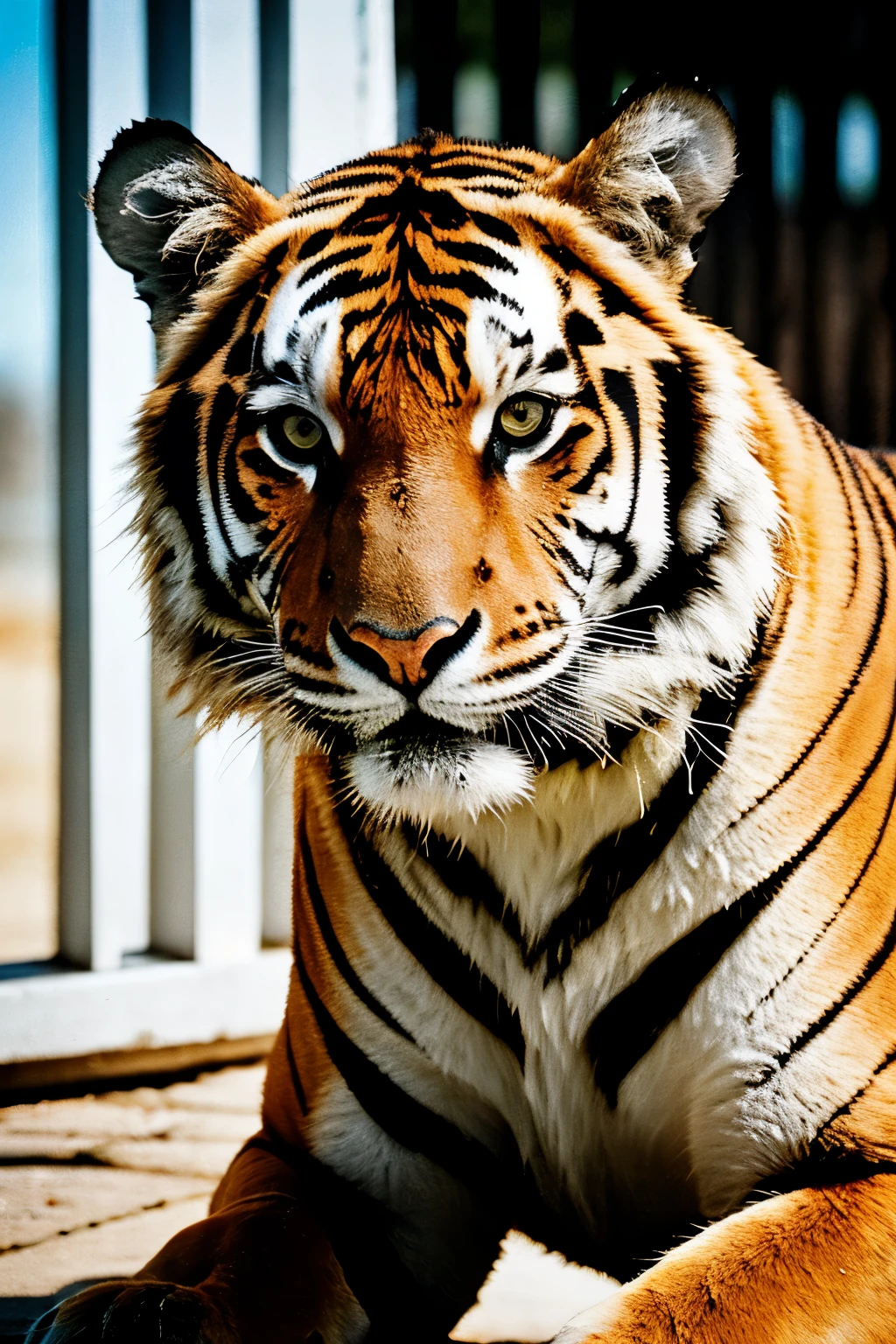 tiger, look at viewer, sitting with head up, majesty, medium shot, ultra-detailed eyes, intricate details, detailed texture, light source contrast, dramatic shadows, Cinematic Light, Depth of field, film grain, noise, dark background
