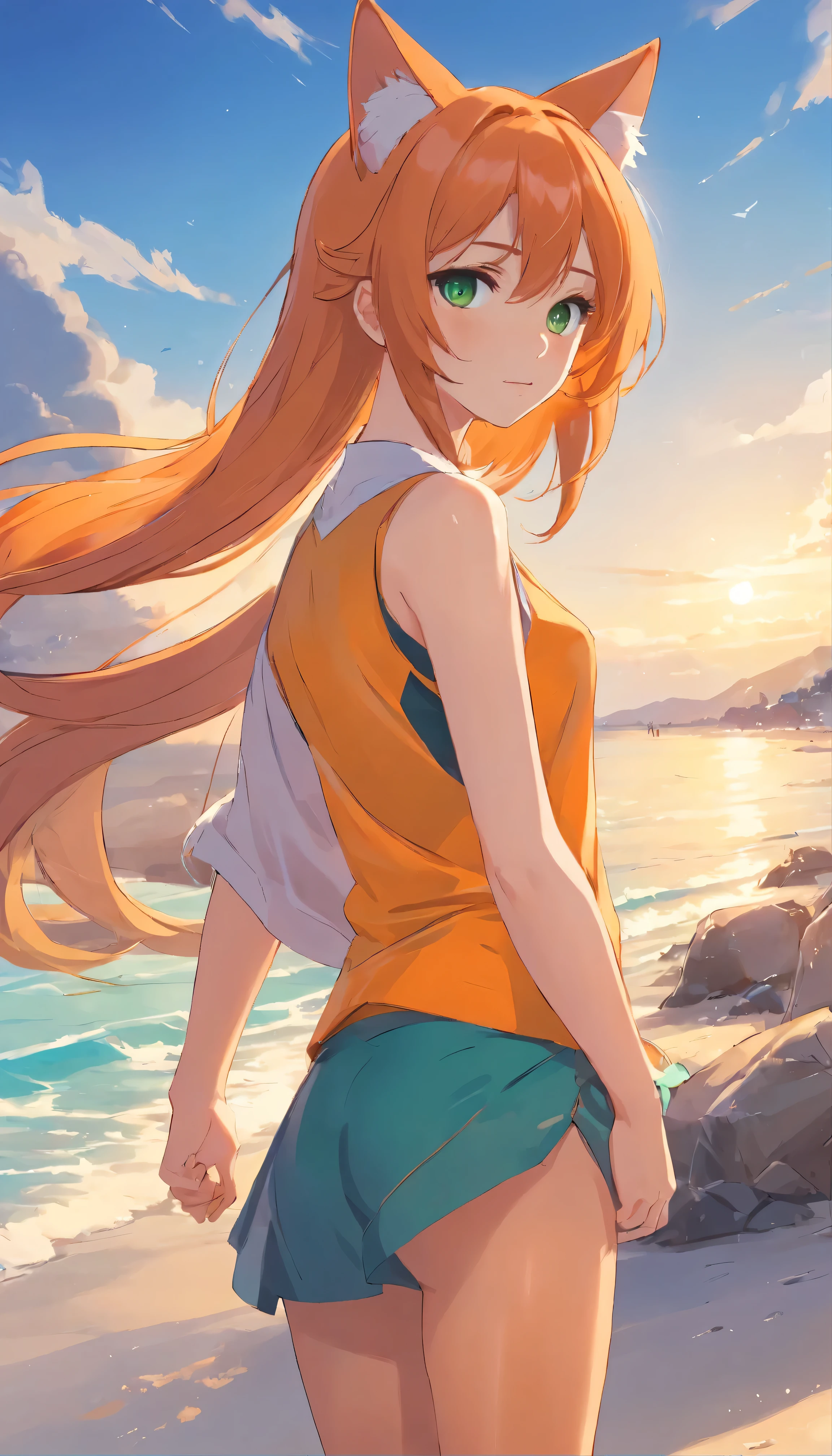 anime girl with long orange hair standing on beach near ocean, green eyes detailed digital anime art, cat ears, , anime girl with long hair, smooth anime cg art, anime girl with long hair, digital anime art, artwork in the style of guweiz, beautiful anime portrait, photorealistic anime girl render, beautiful anime girl, advanced digital anime art, pantyhose, guweiz on artstation pixiv upscale HD UHD HQ

