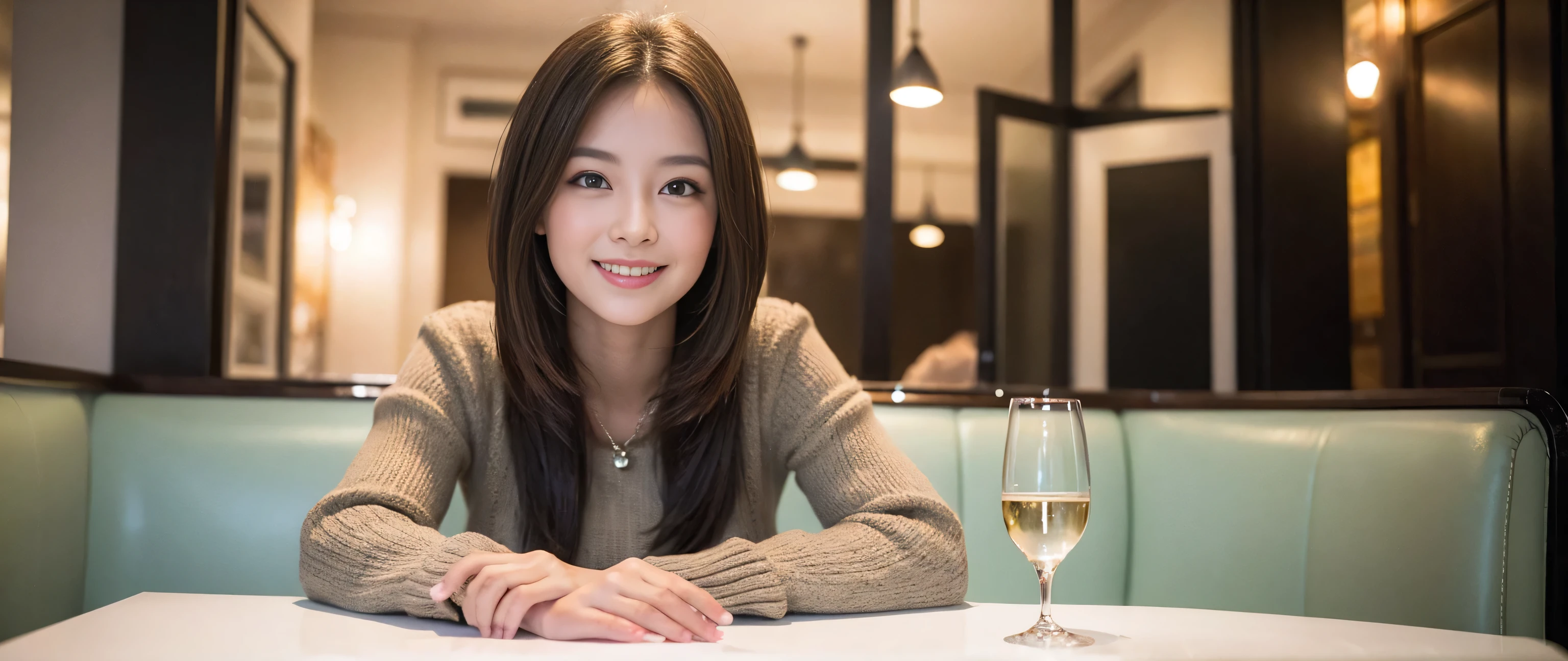 ((highest quality、8k、masterpiece:1.3))、Sharp focus:1.2、Beautiful woman perfect body:1.4、Slim body、((Bob Hale、Straight hair:1.2))、(to be born, highest quality, masterpiece:1.5), (Realistic, Intricate details:1.2), Ultra-high resolution, Amazing view of the sunset sky and clouds、Amazing mountain views、A bright smile、A lovely woman with a smile、Bright image、2. The beauty of wine, Beautiful Face, blue eyes, The light shines on your face, Blushing, short hair,Bright Face、Fox face、 (36 years old), 39 years old, Lady、red wine 、Appetizers、Italian food、Wine bottle、Champagne、sparkling wine、Two beauties、Brown Hair、Shortcuts、Long sleeve shirt、dress、Pretty Woman 1, (Slim face), (The body is slim), (Brown Hair), (Shortcuts), cheeks turn a little red,Attractive beauty、, Out of the window, A beautiful and detailed night view unfolds.........., restaurant, In a prominent place (From the waist up) Nova Frog Style, actress, model, Upper Body, White wine, slim, wine glass, A wine glass placed in the middle, smile, (smile: 1.15), Beautiful fine grain, Depth f/2,saturation, High Contrast, Strong light and shadow,Moist Body:1.5、3D texture、Delicate eyes、Brown Hair、The hair is very shiny、