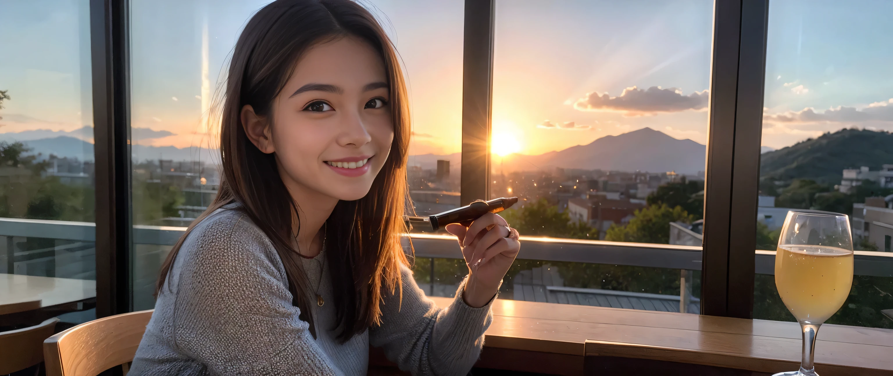 ((highest quality、8k、masterpiece:1.3))、Sharp focus:1.2、Beautiful woman perfect body:1.4、Slim body、((Bob Hale、Straight hair:1.2))、(to be born, highest quality, masterpiece:1.5), (Realistic, Intricate details:1.2), Ultra-high resolution, Amazing view of the sunset sky and clouds、Amazing mountain views、A bright smile、A lovely woman with a smile、Bright image、2. The beauty of wine, Beautiful Face, blue eyes, The light shines on your face, Blushing, short hair,Bright Face、Fox face、 (36 years old), 39 years old, Lady、red wine 、Appetizers、Italian food、Wine bottle、Champagne、sparkling wine、Two beauties、Brown Hair、Shortcuts、Long sleeve shirt、dress、Pretty Woman 1, (Slim face), (The body is slim), (Brown Hair), (Shortcuts), cheeks turn a little red,Attractive beauty、, Out of the window, A beautiful and detailed night view unfolds.........., restaurant, In a prominent place (From the waist up) Nova Frog Style, actress, model, Upper Body, White wine, slim, wine glass, A wine glass placed in the middle, smile, (smile: 1.15), Beautiful fine grain, Depth f/2,saturation, High Contrast, Strong light and shadow,Moist Body:1.5、3D texture、Delicate eyes、Brown Hair、The hair is very shiny、