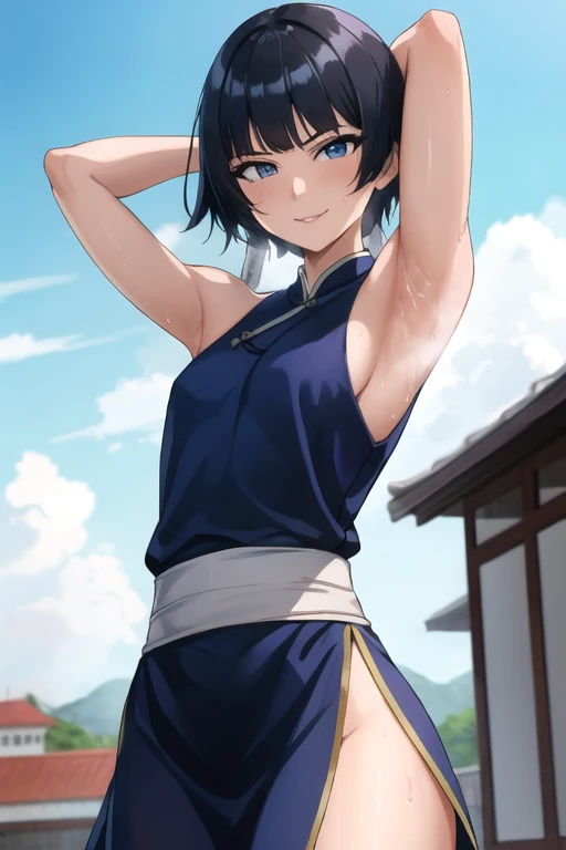 ((best quality)),((highly detailed)),masterpiece,absurdres,detailed face,beautiful face,(detailed eyes, deep eyes),1girl,((dynamic pose)), soifon, black hair, solo, bow, small breasts, cowboy shot, chinese town, outdoors, seductive smile, looking at viewer, wearing blue chinese dress, put your hands behind your head, armpits, armpits visible, sweaty armpits,