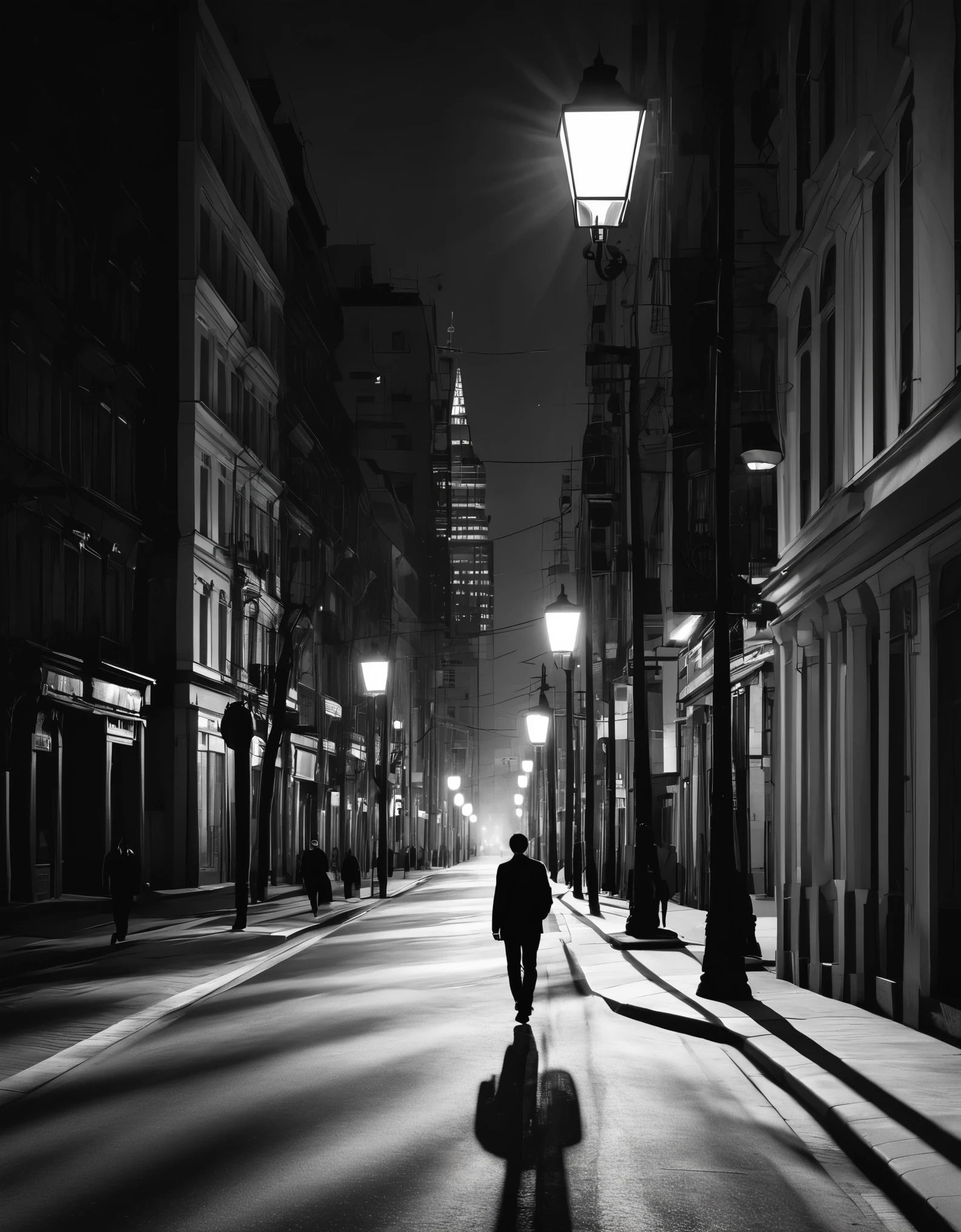 A solitary pedestrian traversing the black and white city streets, with buildings around casting deep shadows under the lamplight, emphasizing contrast. minimalist Journey