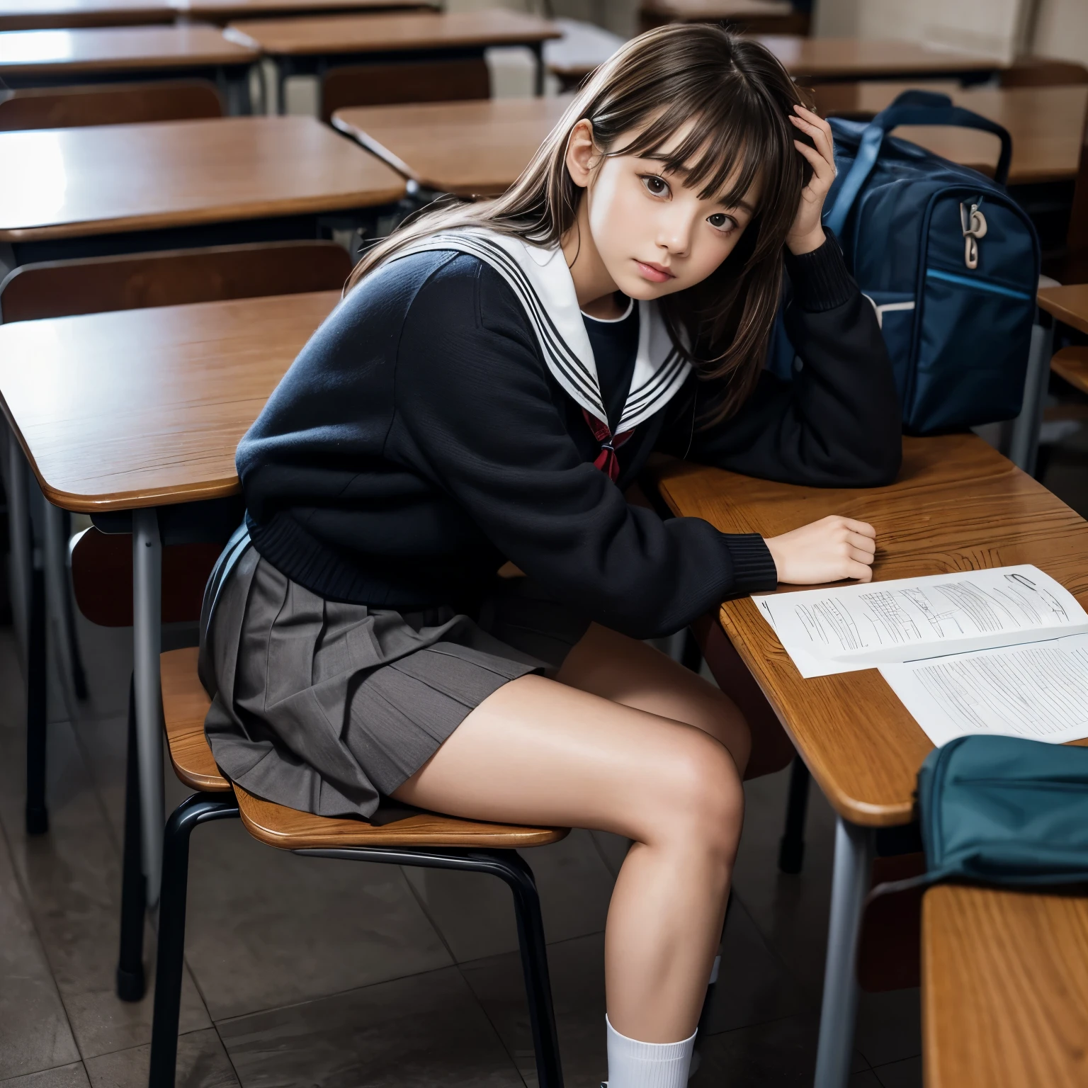 ((masterpiece, best quality)),best aesthetic,1girl, , desk, sitting, school desk, brown hair, classroom, long hair, indoors, chair, looking at viewer, :p, solo focus, brown eyes, skirt, long sleeves, pencil, 1 boy, pencil case, paper, black serafuku, pleated skirt, sailor collar, bangs, headrest, school bag, school chair