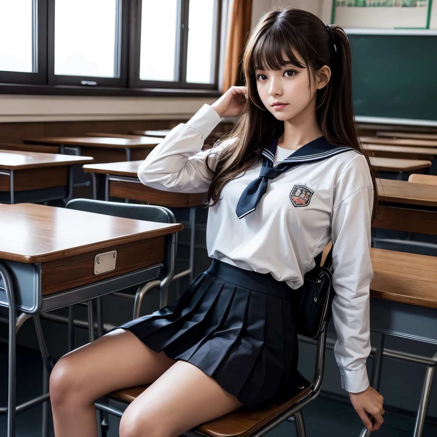 ((masterpiece, best quality)),best aesthetic,1girl, , desk, sitting, school desk, brown hair, classroom, long hair, indoors, chair, looking at viewer, :p, solo focus, brown eyes, skirt, long sleeves, pencil, 1 boy, pencil case, paper, black serafuku, pleated skirt, sailor collar, bangs, headrest, school bag, school chair