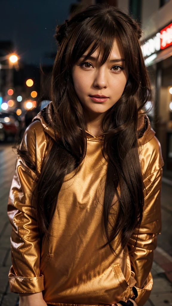 a close up of a person with long hair and a hoodie, chocho amikichi, chocho from anime boruto, as an anime character, perfect anime face, she has brown hair with bangs, female anime character, anime character, anime best girl, hime cut hairstyle, brown hair, (red glossy lips:1.3), skin brown, yellow eyes, smile, city background, (beautiful face:1.3)