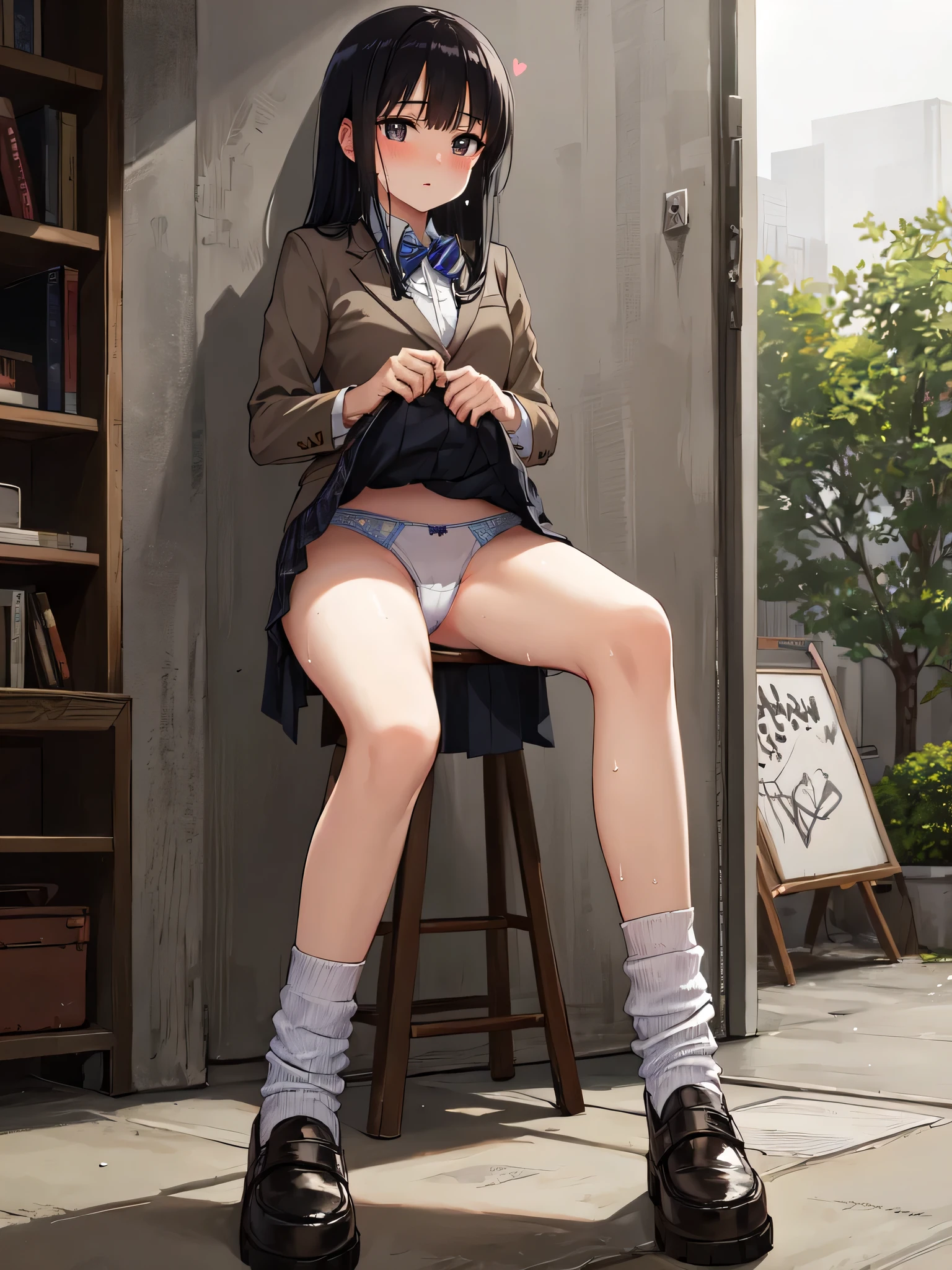 (Masterpiece:1.2), (high quality), (pixiv:1.4), (anime:1.4), wearing underwear, panties, loose socks, black hair, buttocks, brown eyes, blue skirt, solo, blazer type , panties, loose socks, black hair, lifting clothes, brown eyes, blue skirt, pure gaze, miniskirt, herself lift, plaid skirt, kawaii, blush, ((heart-shaped pupils)), (sweat), Long hair, Physical education sitting, beauty legs, Schools