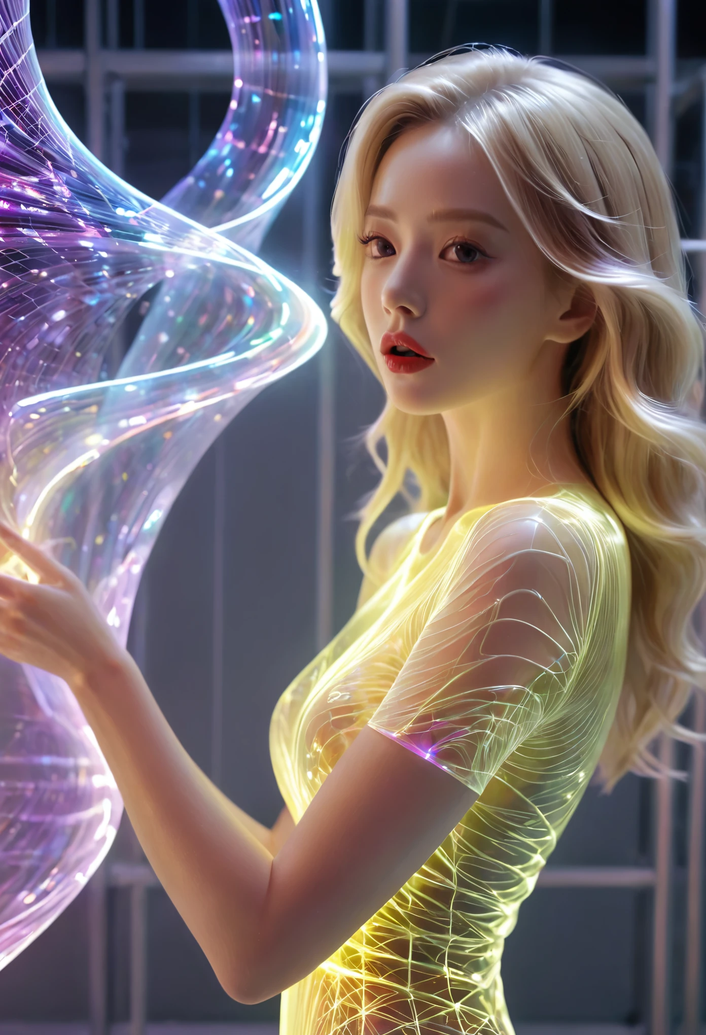 medium shot of a smug gorgeous projected 3D semitransparent wireframe holographic blonde supermodel woman with a 3D wireframe face, 3D wireframe glowing yellow spandex dress, huge fake digital lips, gorgeous makeup and lipstick in a laboratory, gorgeous face, smooth wavy perfect blonde hair, ghostly and barely there, 3d semitransparent human holograph, swirling holographic tornado, huge mouth wide open, realistic hologram projection, falling backwards, dress transforming, magic sparkles, eyes bulging, huge lips, goofy comedic moment, heightened, screenshot from a 1999 comedy film,anatomical correct