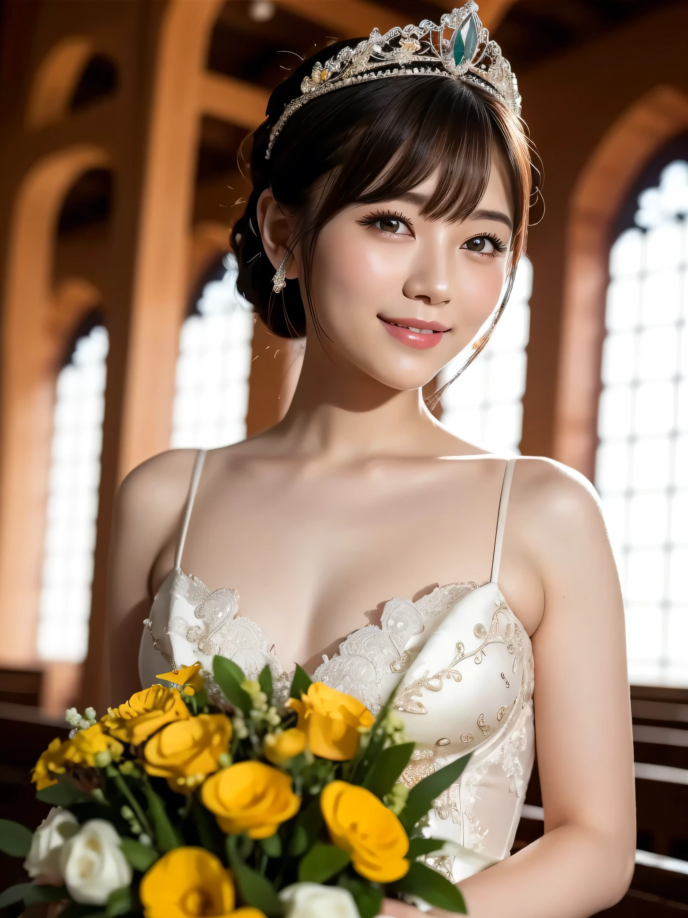 (highest quality:1.5)、(Realistic:1.5)、(1 person:1.5)、(Medium Shot:1.5)、Very detailed、High resolution、8k wallpaper、、Small breasts、Natural color lips、Cute Smile、Japanese women、20-year-old girl、Beautiful and elegant face、Perfect and beautiful face、Large, balanced eyes、Brunette's eyes、Beautiful and elegant face、Beautiful double eyelids、Natural Bangs、Beautiful thin nose、Beautiful Skin、Fair skin、Medium Bob Hair、Natural Bangs、Perfect and beautiful face、Slim face and figure、(Looking at the camera with a sweet smile)、Bright lighting、Professional Lighting、Forward lighting、Natural smile、Wedding ceremony in a church with beautiful stained glass、Wedding dress、tiara、Holding the bouquet at stomach level、