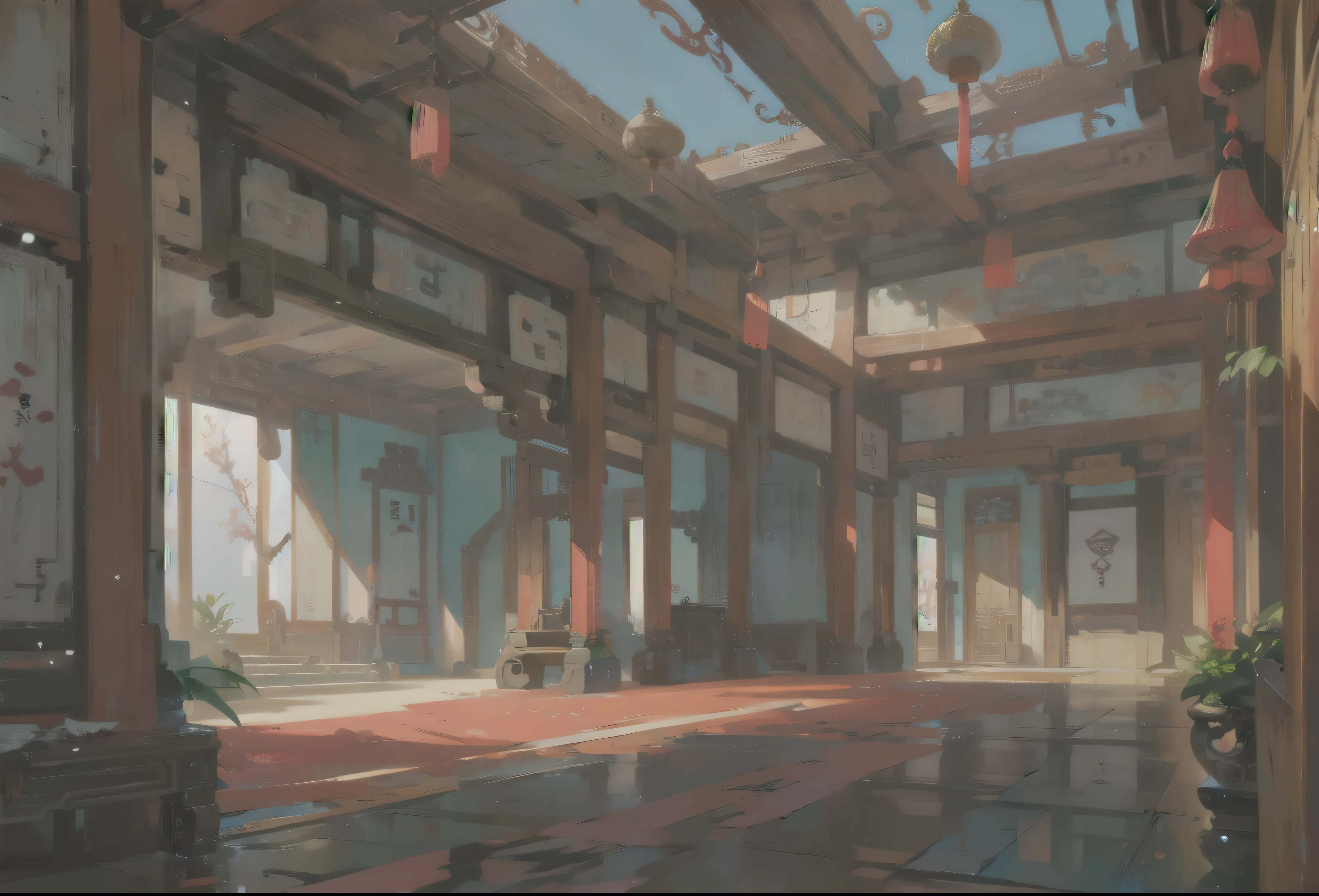 inside Old ancient chinese mansion, ancient traditional mansion, mansion, bight colors, stunning mansion, detailed chinese mansion, indoors, blue sky, daytime, scene, scenery, background, rich ancient chinese mansion indoors, luxury