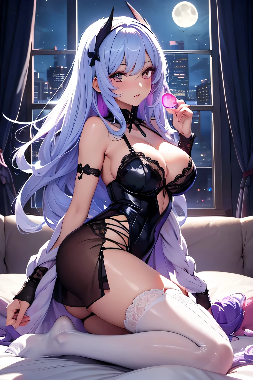On the night, animated sexy girl on a bed , the girl have the legs écartées, big windows witn moon, the girl have rainbow colors hair's , hot, light ambiance ,dentelles, stockings, seductive animated girl, best rated on pixiv, Tendances sur ArtStation pixiv, Anya de la famille Spy X, female character&#39;anime, du jeu vidéo Azur Lane, les gars, (animated girl), style voie d&#39;Azur, lights effects, many colors, HD full details, high quality