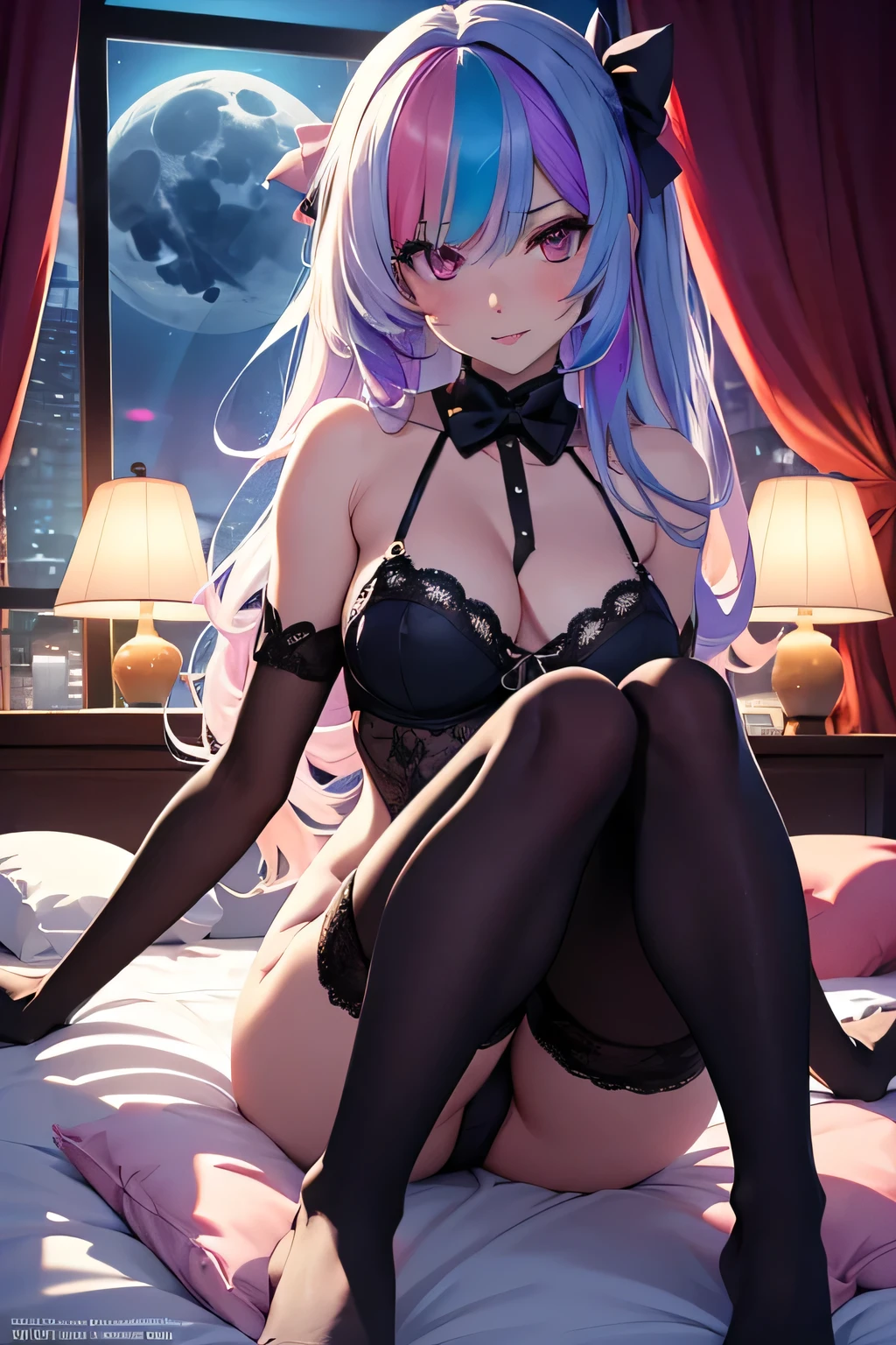 On the night, animated sexy girl on a bed , the girl have the legs écartées, big windows witn moon, the girl have rainbow colors hair's , light ambiance ,dentelles, stockings, seductive animated girl, best rated on pixiv, Tendances sur ArtStation pixiv, Anya de la famille Spy X, female character&#39;anime, du jeu vidéo Azur Lane, les gars, (animated girl), style voie d&#39;Azur, lights effects, many colors, HD full details, high quality