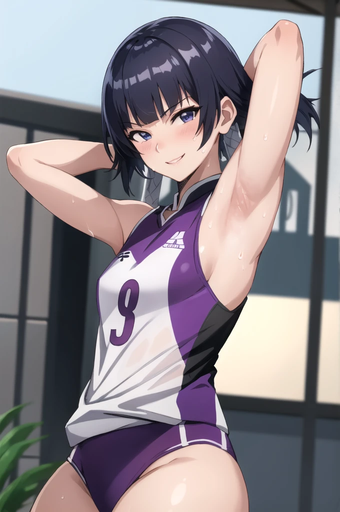 ((best quality)),((highly detailed)),masterpiece,absurdres,detailed face,beautiful face,(detailed eyes, deep eyes),1girl,((dynamic pose)), soifon, black hair, solo, bow, small breasts, cowboy shot, chinese town, outdoors, seductive smile, looking at viewer, wearing purple volleyball uniform, put your hands behind your head, armpits, armpits visible, sweaty armpits,