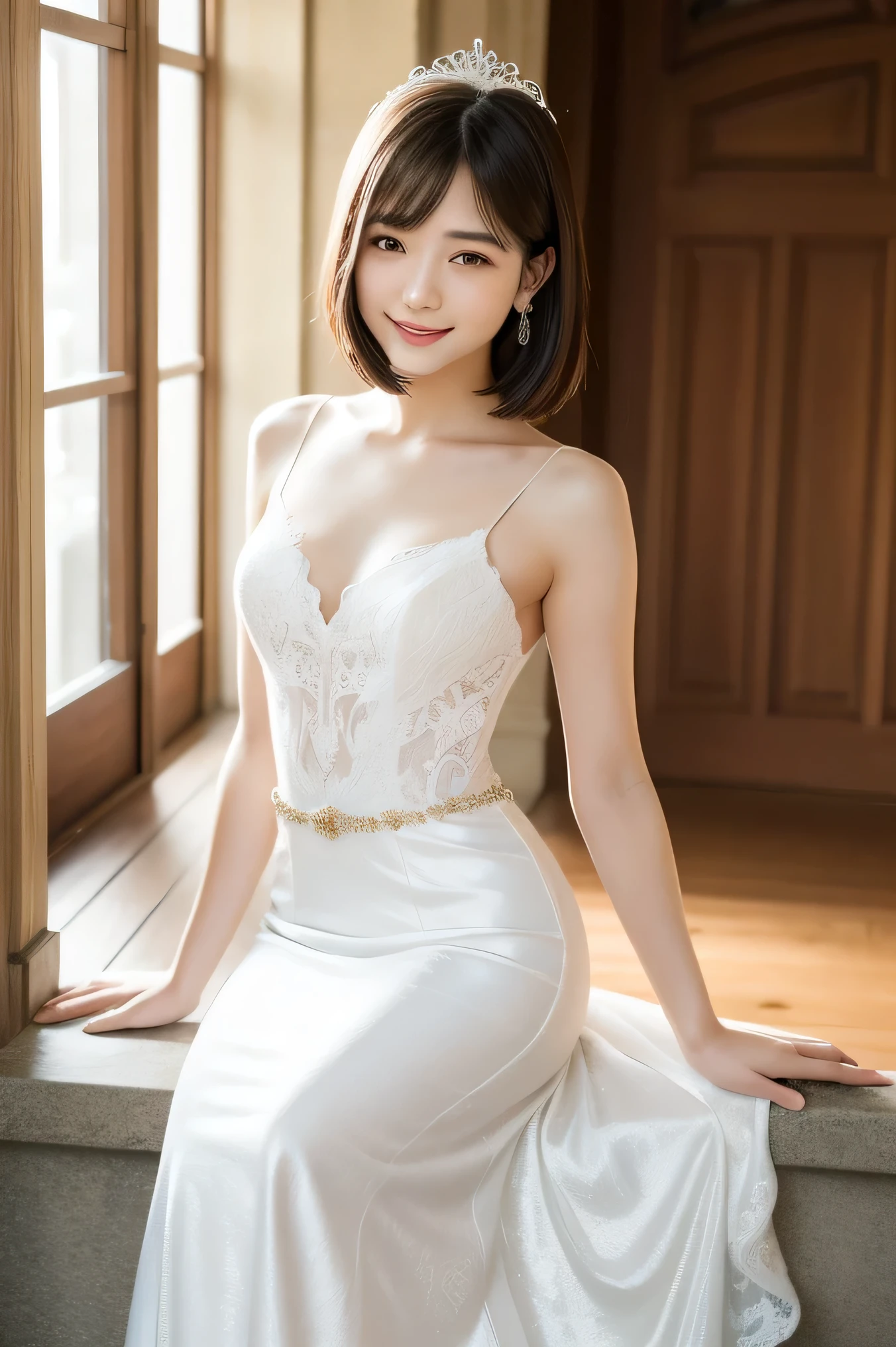 (highest quality:1.5)、(Realistic:1.5)、(1 person:1.5)、(Medium Shot:1.5)、Very detailed、High resolution、8k wallpaper、、Small breasts、Natural color lips、Cute Smile、Japanese women、20-year-old girl、Beautiful and elegant face、Perfect and beautiful face、Large, balanced eyes、Brunette's eyes、Beautiful and elegant face、Beautiful double eyelids、Natural Bangs、Beautiful thin nose、Beautiful Skin、Fair skin、Medium Bob Hair、Natural Bangs、Perfect and beautiful face、Slim face and figure、(Looking at the camera with a sweet smile)、Bright lighting、Professional Lighting、Forward lighting、Wearing a mermaid wedding dress, she sits on a spiral staircase in a Western palace、