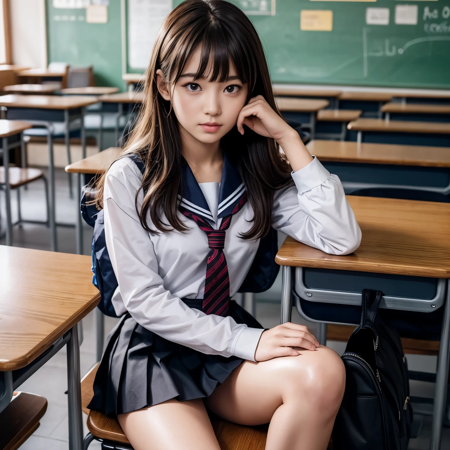 ((masterpiece, best quality)),best aesthetic,1girl, , desk, sitting, school desk, brown hair, classroom, long hair, indoors, chair, looking at viewer, :p, solo focus, brown eyes, skirt, long sleeves, pencil, 1 boy, pencil case, paper, black serafuku, pleated skirt, sailor collar, bangs, headrest, school bag, school chair